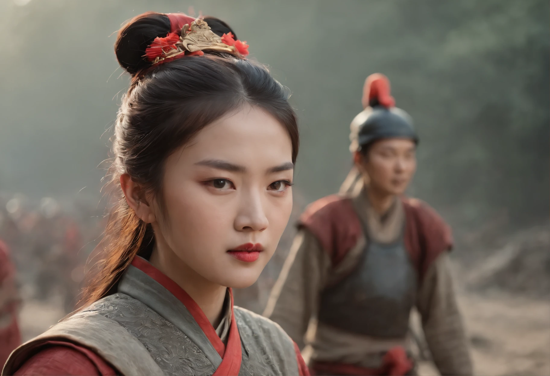 A 19-year-old female general of the Song Dynasty wearing shabby armor，（Red headband 1.3）（There is less than dust on the face1.2）Real Human，filmposter，Ultra photo realsisim，Background of the war and turmoil of the Song Dynasty，Scene of the fight，Rivers of blood flow，There is a dragon behind it，Super light and shadow，Aurora chase，Delicate skin，（Sunshine 1.5）dust kicked up，Cinematic lighting effects，（The face is full of revenge emotions 1.3）