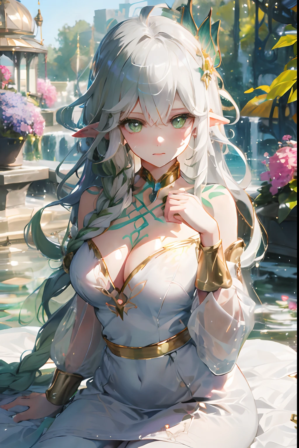 rukkhadevata, elf ears, white hair, very long hair, wavy hair, hair ornament, ahoge, green eyes, medium breast, chest tattoo, gold choker, white dress, golden belt, wide sleeves, detached sleeves, gold trim, hair ornament, outside in a white gazebo, lots of flowers, plants, butterflies, sparkles, iridescent light, sunny day