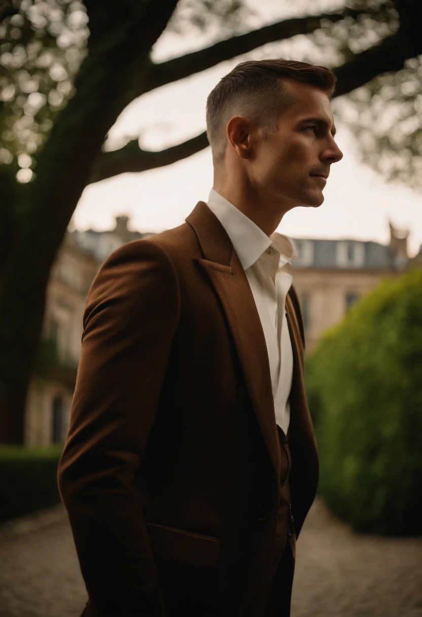corps entier, wide-angle photo close-up portrait of the body of a handsome man , Grand et en forme, (40 ans:1.1), (shaven:1.2) , (very short brown hair:1.5),(very short hair:1.6). Dark brown tight velvet suit, (La veste a des motifs de fleurs noires:1.2). (posing outside the mansion with a luxury car:1.1), crowded street with cafes in the distance, Cold and dark sunset at dusk, (Edge Light:1.1),(Concentrez-vous sur les yeux), (angry look), (hard light on the skin:1.2), (ombres dures, dark themed, Contraste profond:1.1), (photographie de portrait par Annie Liebovitz), Dark mint theme and choral aesthetics, (skin imperfections)