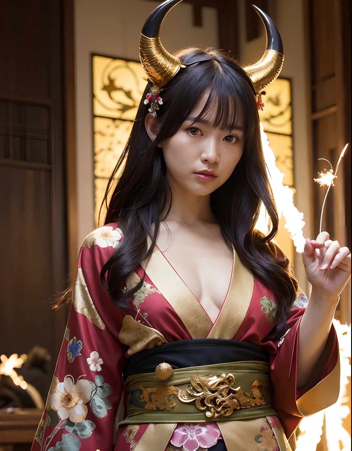 ((World of Darkness)),Professional , masterpiece、top-quality、photos realistic , depth of fields 、Dark Fantasy、()、(shooting stars:0.9)、(nebulas:1.3)、A dark-haired、(White bikini armor)、(Mystical expression)、(The fox has five tails)((Fight dragons)),(Wear a beautiful kimono),(Wear a beautiful kimono with colorful floral patterns)、Jewel Gold Weapon、Particles of light),(Has a devil's mask)、Gorgeous gold weapons ,(( Gorgeous Dragon Sword)) , (Fox Mask),,(maikurobikini) 、((Black Haired Beautiful Girl))、(Castle background)、(demonic wings)、((Gangle's forest background))、Beautiful Caucasian beauty、1a person、dynamic ungle,(((Two devil's horns on the head)))、Smaller head、Idle Smile、Thin and beautiful female hands、Mystical expression、Light Effects、intense fighting、Wind-effect、magic circles、With the legendary magic wand、Dragon's tail、
