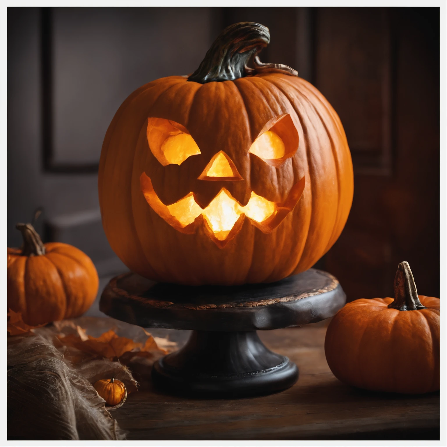 "A charming and artistic Halloween scene showcasing a beautifully carved pumpkin paired with an elegant flower arrangement. The pumpkin, with its smooth, vibrant orange skin, is intricately carved with a detailed, graceful face or pattern, such as swirling vines or delicate floral motifs. The pumpkin's interior glows warmly, casting a soft light that highlights the carving details. Positioned beside the pumpkin is a striking bouquet of fresh autumn flowers, including sunflowers, marigolds, and chrysanthemums in rich, seasonal hues like deep oranges, warm yellows, and burgundy reds. The flowers are arranged in a rustic, decorative vase or container that complements the pumpkin's color and theme. The setting is a simple, elegant table or display surface, with a subtle fall-themed background, such as a softly textured burlap or wooden surface. The overall scene blends the festive Halloween spirit with the natural beauty of autumn flowers, creating a sophisticated and eye-catching arrangement."