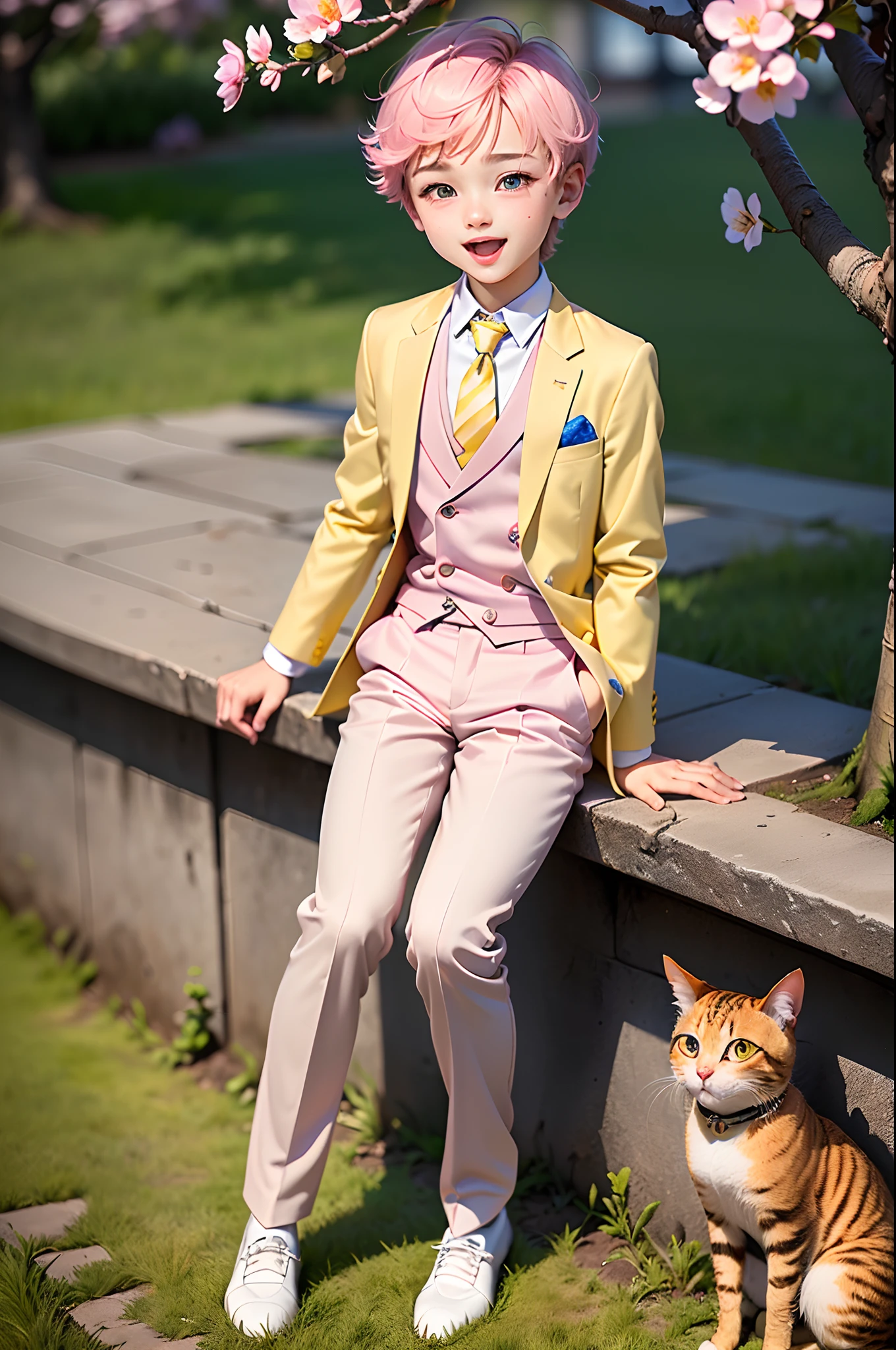 (masterpiece),(best quality),(ultra-detailed), (full body:1.2),
((1boy)),((male)), chibi,cute, smile, open mouth,
flower, outdoors,(light yellow suit), (white shirt), (yellow black striped tie), blush, tree, :3, shirt,pink short hair, blue-green eyes, cherry blossoms, long sleeves, pink flower, (cat), (cat),
(beautiful detailed face), (beautiful detailed eyes),