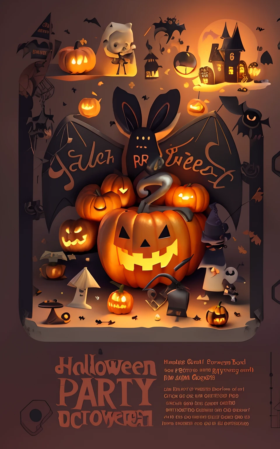 Halloween party flyer template with pumpkin and bat, 3 d model，C4D,halloween art style, Trick or Treat, halloween celebration, stock illustration, halloween theme, halloween wallpaper with ghosts, Halloween movies, illustrated poster, halloween atmosphere, header text”, Halloween, illustratio, 1 9th, Grand!, illustration!, Vintage Halloween postcard, halloween night, creepy themed, stock art, spooky halloween theme