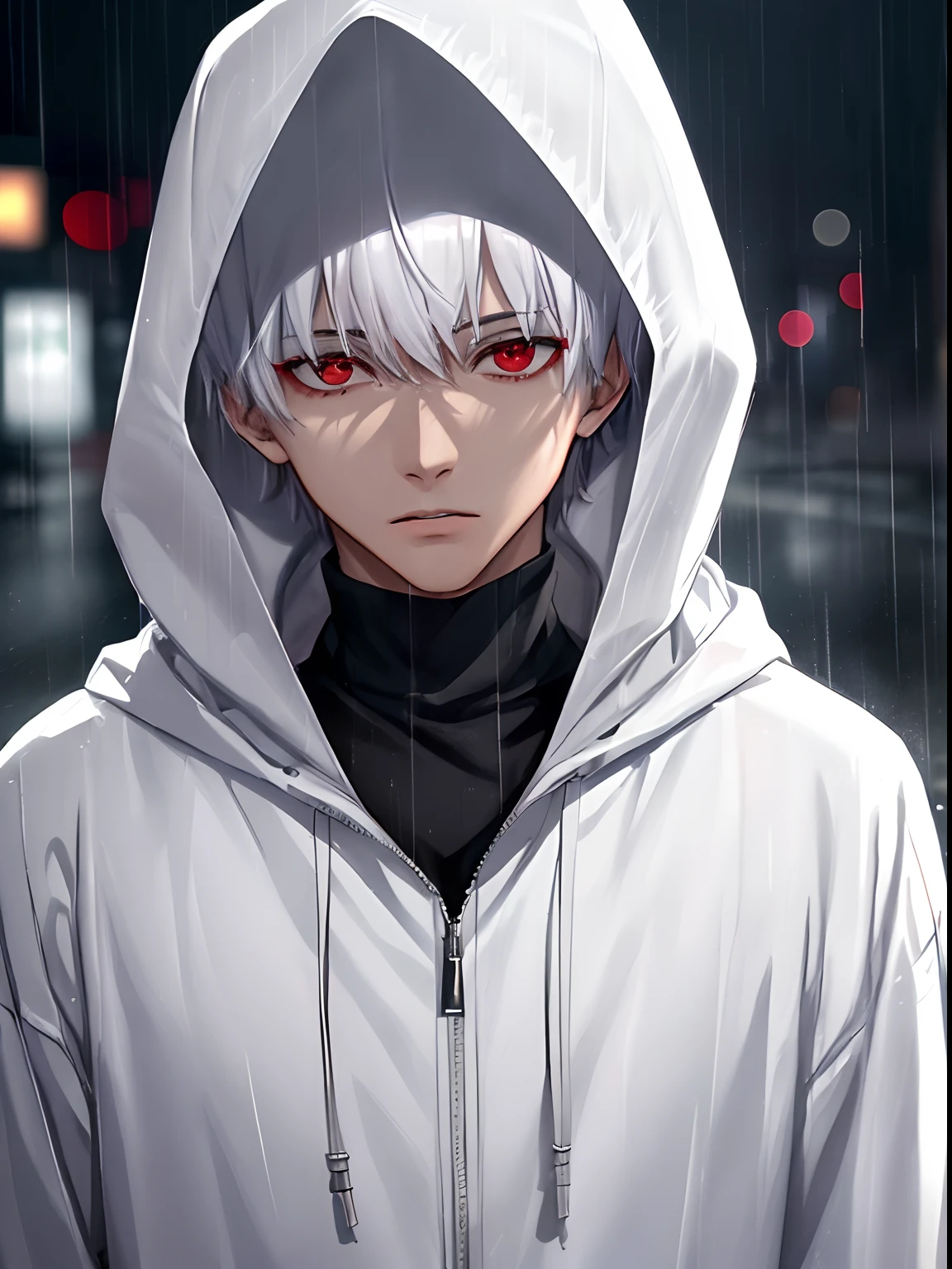 kk, best quality, more details, masterpiece, 1boy, kaneki ken, portrait, male focus, red eyes, solo, bangs, looking at viewer, hood, short hair, rain, tokyo tokyo \(city\), hood up, nail polish, white hair, luxurious, 8k, detailed, ray tracing, depth of field, cinematic lighting,