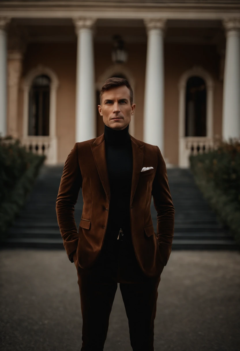 corps entier, wide-angle photo close-up portrait of the body of a handsome man , Grand et en forme, (40 ans:1.1), (shaven:1.2) , (very short brown hair:1.5),(very short hair:1.6). Dark brown tight velvet suit, (La veste a des motifs de fleurs noires:1.2). (posing outside the mansion with a luxury car:1.1), crowded street with cafes in the distance, Cold and dark sunset at dusk, (Edge Light:1.1),(Concentrez-vous sur les yeux), (angry look), (hard light on the skin:1.2), (ombres dures, dark themed, Contraste profond:1.1), (photographie de portrait par Annie Liebovitz), Dark mint theme and choral aesthetics, (skin imperfections)