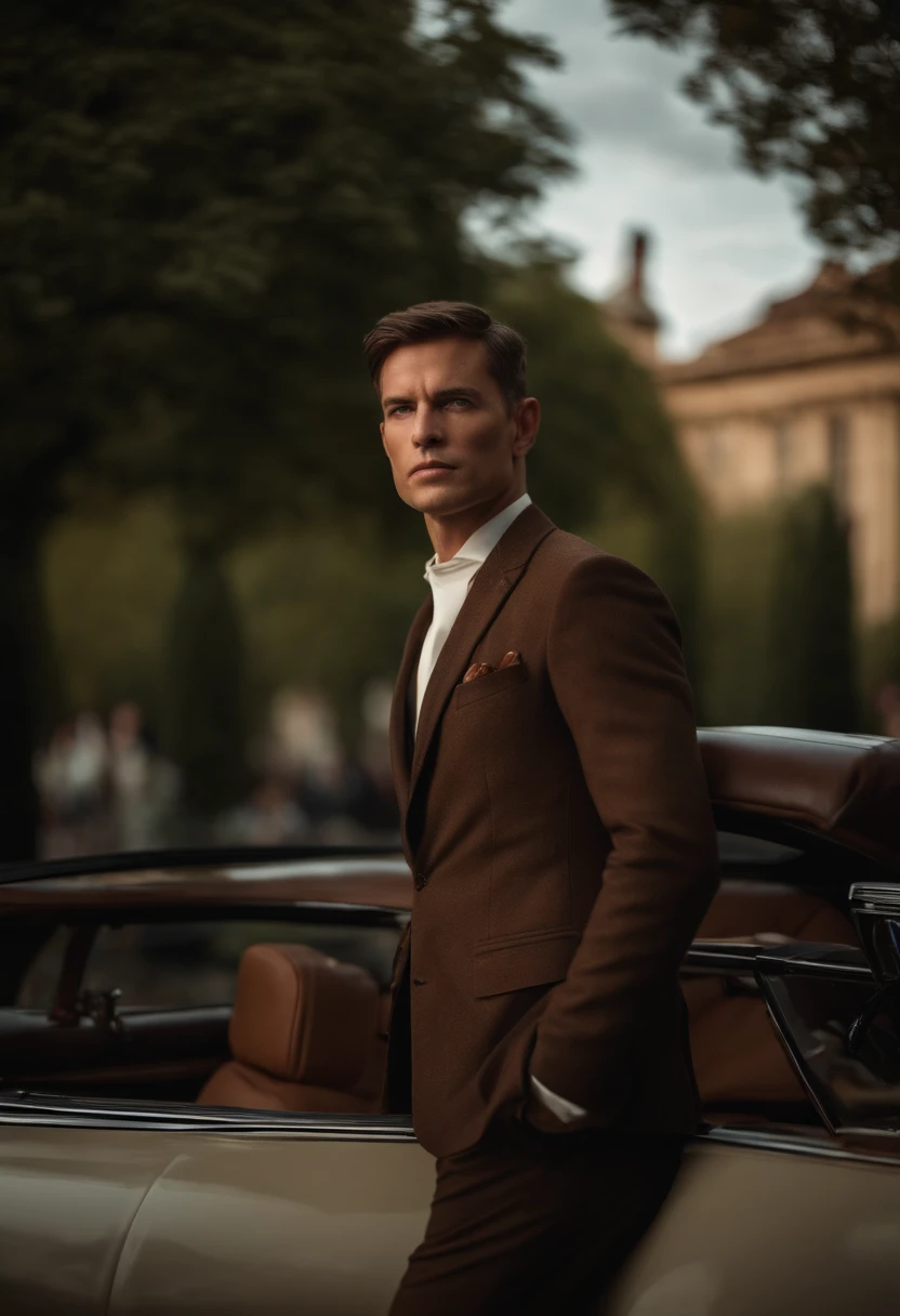 corps entier, wide-angle photo close-up portrait of the body of a handsome man , Grand et en forme, (40 ans:1.1), (shaven:1.2) , (very short brown hair:1.5),(very short hair:1.6). Dark brown tight velvet suit, (La veste a des motifs de fleurs noires:1.2). (posing outside the mansion with a luxury car:1.1), crowded street with cafes in the distance, Cold and dark sunset at dusk, (Edge Light:1.1),(Concentrez-vous sur les yeux), (angry look), (hard light on the skin:1.2), (ombres dures, dark themed, Contraste profond:1.1), (photographie de portrait par Annie Liebovitz), Dark mint theme and choral aesthetics, (skin imperfections)