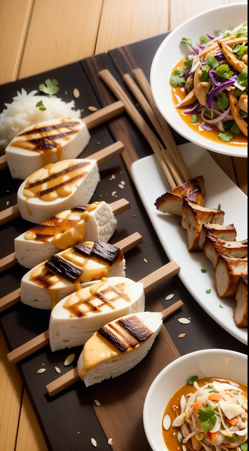 Almond butter chicken satay with Asian slaw, humble chicken thigh is chargrilled and slathered in a creamy, rich satay sauce