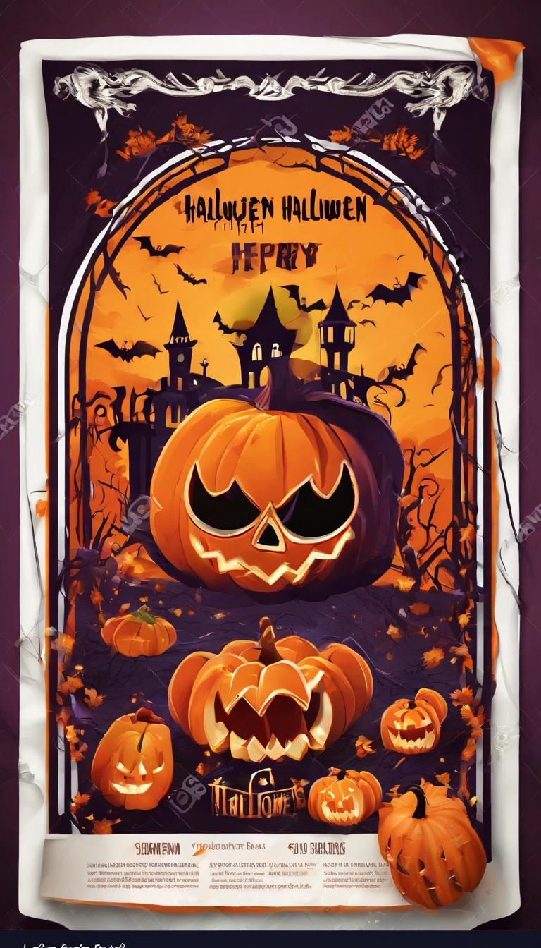 Halloween party flyer template with pumpkin and bat, 3 d model,C4D,halloween art style, Trick or Treat, halloween celebration, stock illustration, halloween theme, halloween wallpaper with ghosts, Halloween movies, illustrated poster, halloween atmosphere, header text”, Halloween, illustratio, 1 9th, Grand!, illustration!, Vintage Halloween postcard, halloween night, creepy themed, stock art, spooky halloween theme