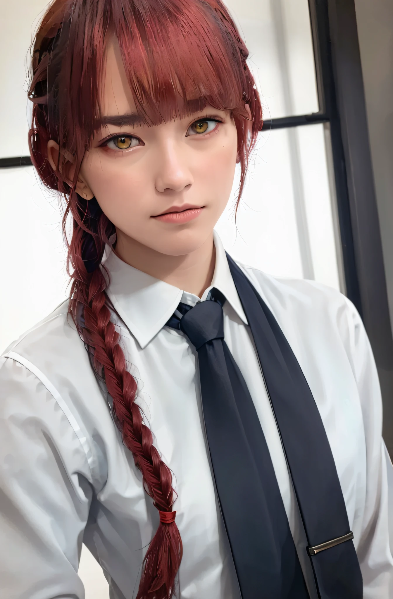 masterpiece, (photorealistic:1.4), best quality, beautiful lighting,

, makima \(chainsaw man\), (red hair)+(long braided hair)+(bangs), yellow eyes, golden eyes, (ringed eyes), (white shirt), (necktie), 

RAW photo, 8k uhd, film grain