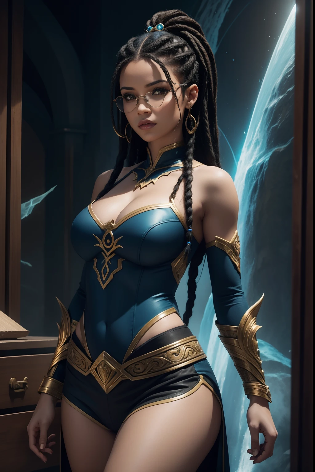 um close up de uma mulher com tinta azul no corpo, Djinn human hybrid, epic 3 d oshun, Tiefling Azul, asian female water elemental, Djinn Azul, epic exquisite character art, Vencedor do concurso Artstation, Vencedor do concurso CGSetline!!, Vencedor do concurso CGSetline!!!, arte do personagem de fantasia, Art Julie Bell Beeple The cast of the upcoming DC Universe film, powerful fantasy epic legends, heroes of might and magic, epic fantasy style, deuses antigos, Rainha e governante do universo, mystical atlantean valkyrie, Trindade, amazing mmorpg, epic real fantasy, Heroes of Power and Magic 3, personagens de fantasia, glorioso, epic fantasy art style HD A woman Moreno, uma mulher bissexual, seios, wear glasses in an office ,imagem de corpo inteiro, cabelo afro caindo para a frente, Rasta type but braided, com belos seios corpo perfeito com , a wide thigh is beautiful a woman, com seios lindos corpo perfeito, uma coxa larga, is beautiful a destination with ,vario expression sexual pose, Erotic masterpiece, alta qualidade, 4k, design bonito |, brilhante, da frente, Foto premiada, Extremamente Detalhada, Awesome, detalhe fino, absurdos, Soubrette, uma mulher posando para uma foto, usando uma roupa Soubrette, babados, redes de peixe, fitas, top aberto, sem saia Uma mulher Moreno, de cabelo afro cabelo caindo para frente, Rasta type but braided, com belos seios corpo perfeito com , a wide thigh is beautiful a woman, com seios lindos corpo perfeito, uma coxa larga, is beautiful a destination with ,vario expression sexual pose, Erotic (estilo de arte de quadrinhos), (ArtStation art style novel committee), whole body view, plano completo, vista frontal, vista traseira, design de personagem, ficha de personagem, roupa casual, academia escura, pele escura, tight black compression shirt , camisa de basquete pendurada no quadril, shorts de basquete cinza soltos na altura da coxa, mulheres maduras, dreads pretos curtos, Cabe