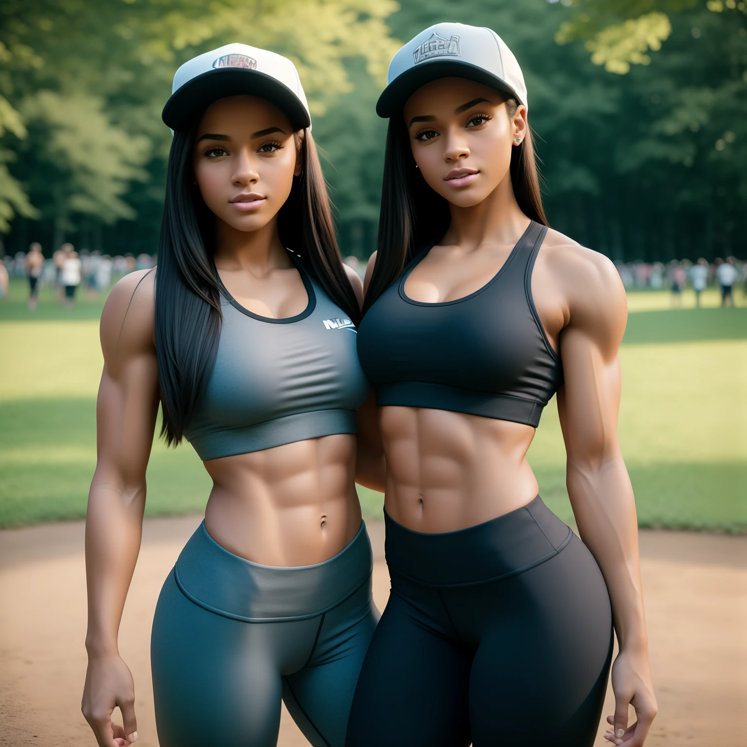 twin girls, 20 years old, brunette hair, baseball cap, crop top, leggings, posing together, in central park, strong pose, looking at each other, fit girl, toned body, fit physique, fitness model, very feminine, perfect female body, perfect skin, (an extremely beautiful), (masterpiece), (best quality:1.0), (ultra highres:1.0), summer colors, morning sun, perfect lightning, realistic shadows, [highres], ultra-detailed, nikon d850, film stock photograph, 4 kodak portra 400 ,camera f1.6 lens, rich colors, hyper realistic, lifelike texture, cinestill 800