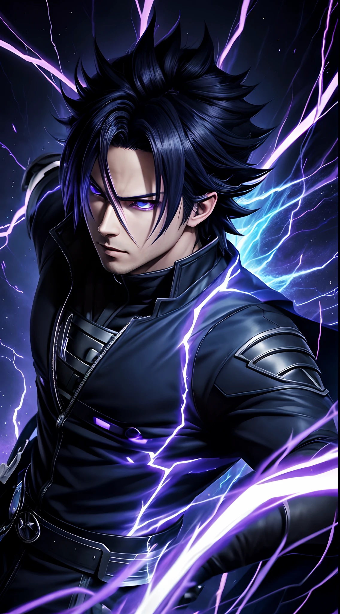 handsome Sasuke portrait with lightning blue purple background, solo, perfect rendering, glowing black aura, evil aura, 8k anime, epic anime about a creature with lightning power, epic anime style majestic, menacing aura, dark aura, evolves into his final form, aura of power brilliant, cosmic power bright and flourishing, multiple lightning bolts around the character