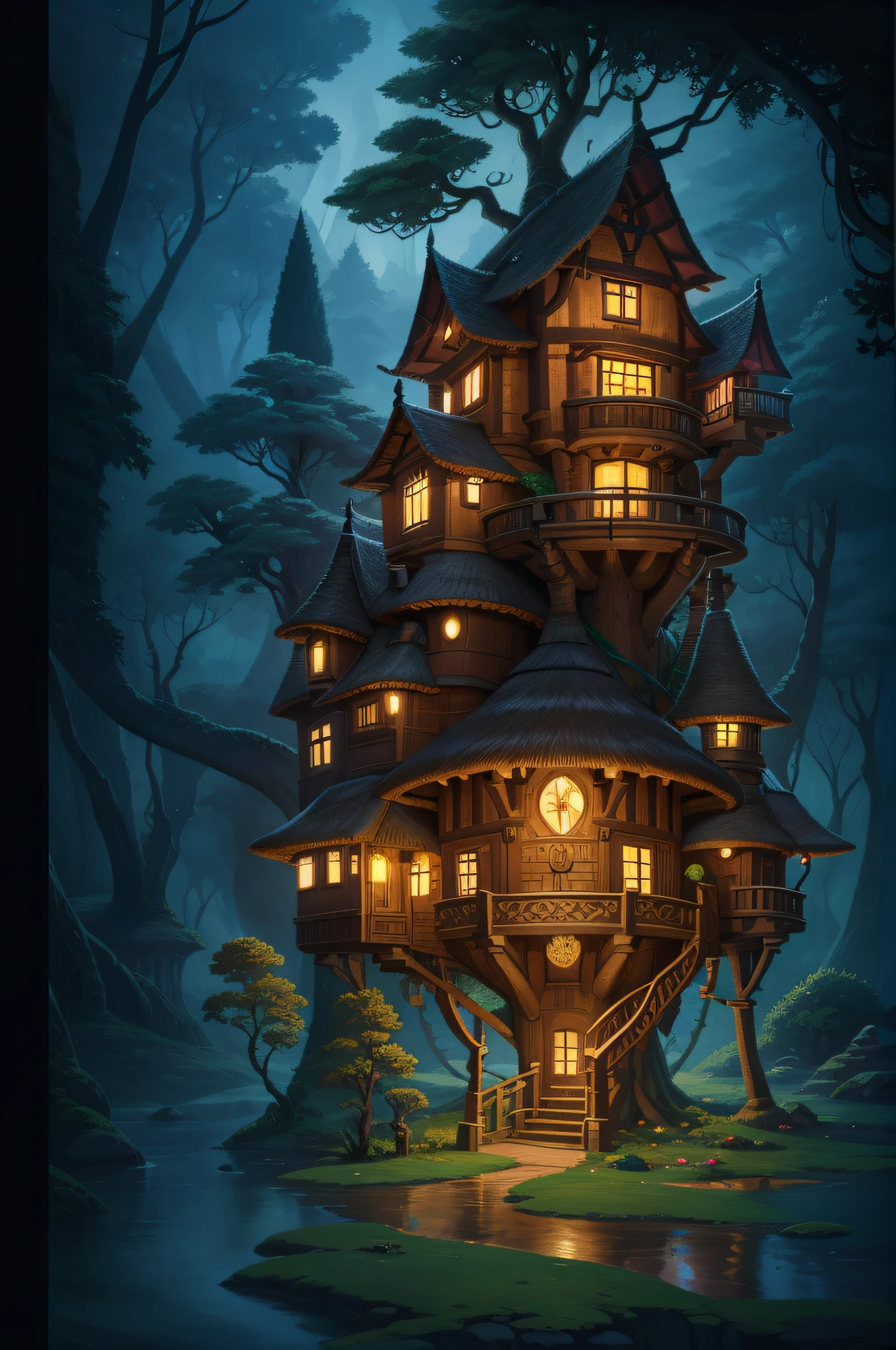 Cartoon tree house with thatched roof and a bridge, Full color illustration, Tree house, full color digital illustration, treehouse, stylized digital illustration, colored illustration, inspirado por Ivan Bilibin, in a tree house, enchanted magical fantasy forest, The little house in the woods, La casa de Elrond, More detailed illustration, fantasy house