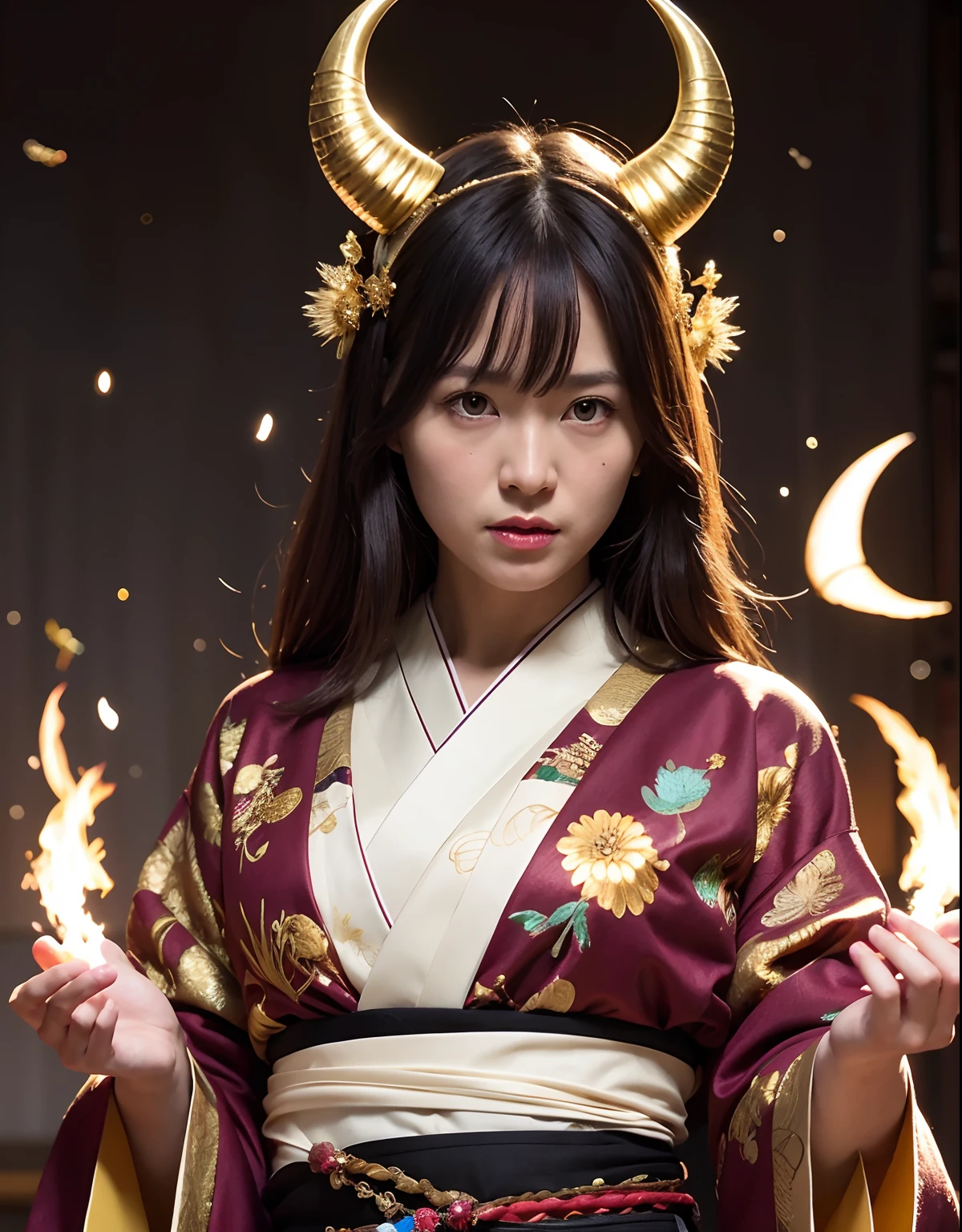 ((World of Darkness)),Professional , masterpiece、top-quality、photos realistic , depth of fields 、Dark Fantasy、()、(shooting stars:0.9)、(nebulas:1.3)、A dark-haired、(White bikini armor)、(Mystical expression)、(The fox has five tails)((Fight dragons)),(Wear a beautiful kimono),(Wear a beautiful kimono with colorful floral patterns)、Jewel Gold Weapon、Particles of light),(Has a devil's mask)、Gorgeous gold weapons ,(( Gorgeous Dragon Sword)) , (Fox Mask),,(maikurobikini) 、((Black Haired Beautiful Girl))、(Castle background)、(demonic wings)、((Gangle's forest background))、Beautiful Caucasian beauty、1a person、dynamic ungle,(((Two devil's horns on the head)))、Smaller head、Idle Smile、Thin and beautiful female hands、Mystical expression、Light Effects、intense fighting、Wind-effect、magic circles、With the legendary magic wand、Dragon's tail、
