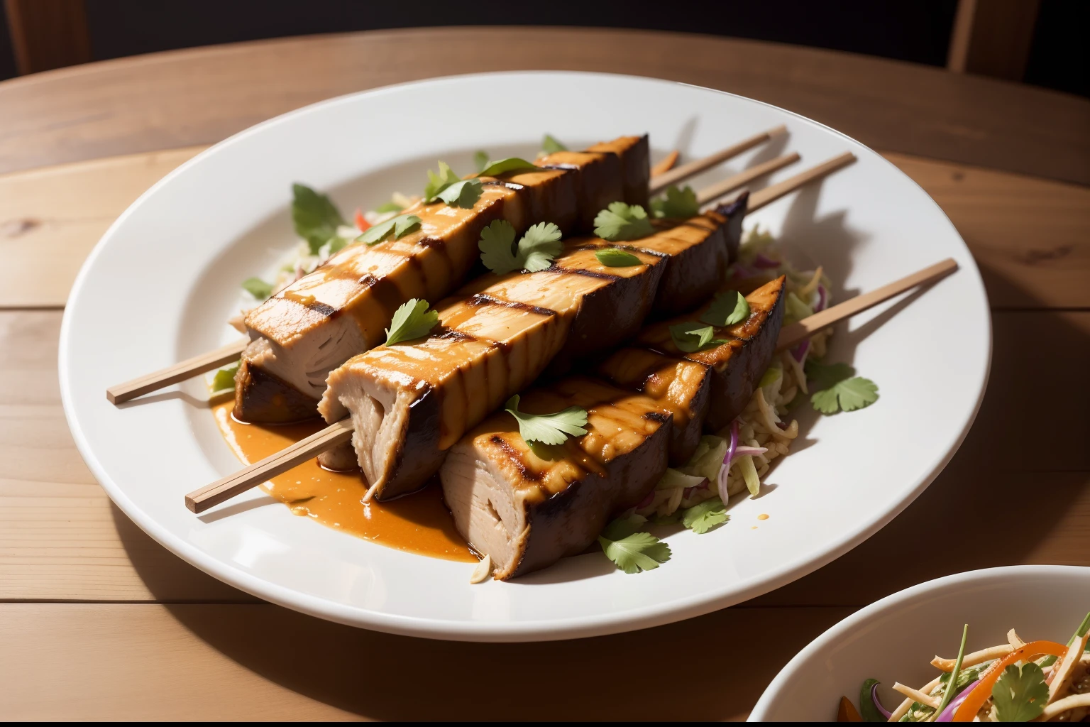 Almond butter chicken satay with Asian slaw, humble chicken thigh is chargrilled and slathered in a creamy, rich satay sauce