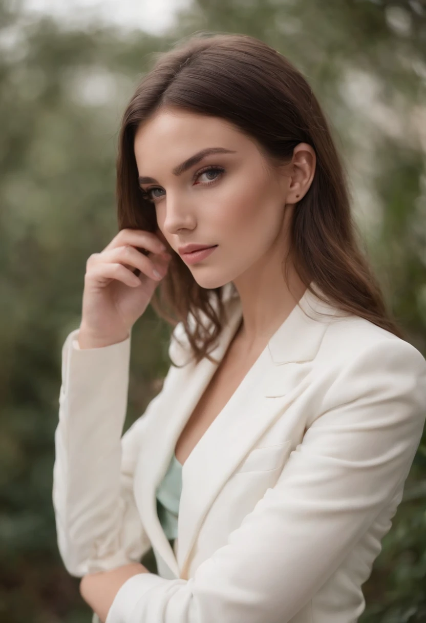 Cassady McClincy, 18 anos , com cabelo long bob PRETO, olhos verdes vivos e puxados, dress in white suit and DISCREET tailoring pants and rich pose WITH ARMS CROSSED, cabelos longos castanhos,