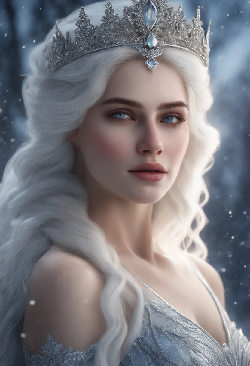 The Snow Queen, Cold beauty, Perfect facial features of the Greek goddess, White Skin Skin, white colored hair, ultra realistis, photo realism, finely detail, Best Quality, CG Unity wallpapers with high detail 8k, perfect artwork,