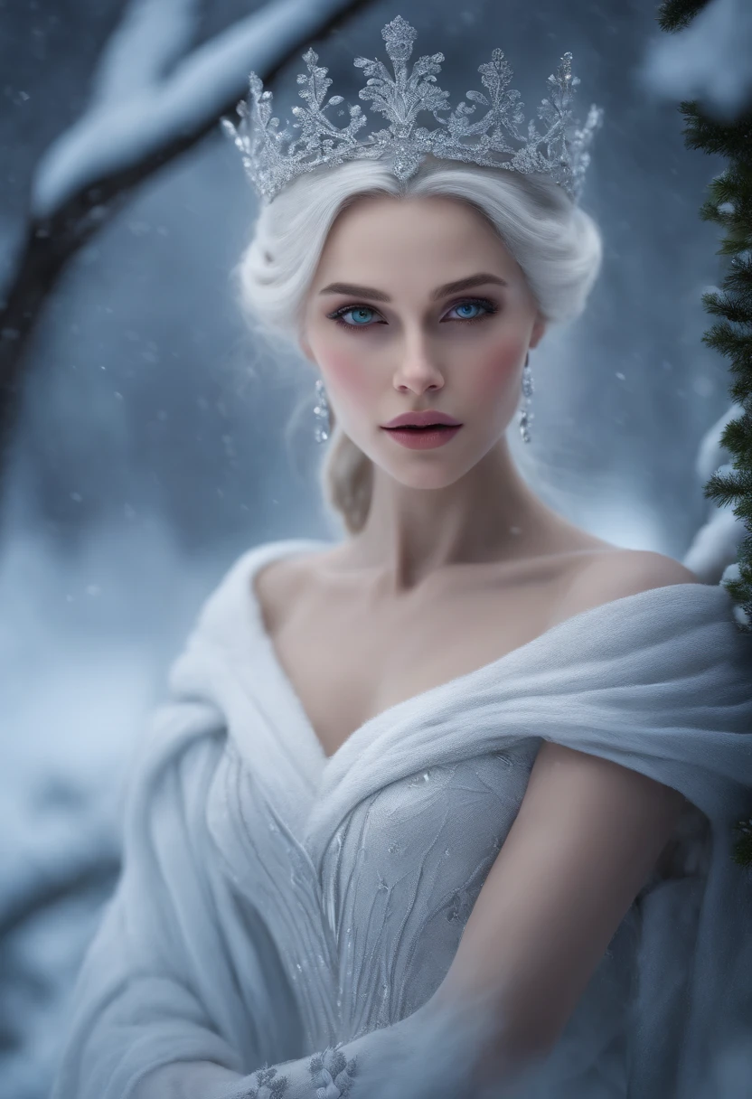 The Snow Queen, Cold beauty, Perfect facial features of the Greek goddess, White Skin Skin, white colored hair, ultra realistis, photo realism, finely detail, Best Quality, CG Unity wallpapers with high detail 8k, perfect artwork,