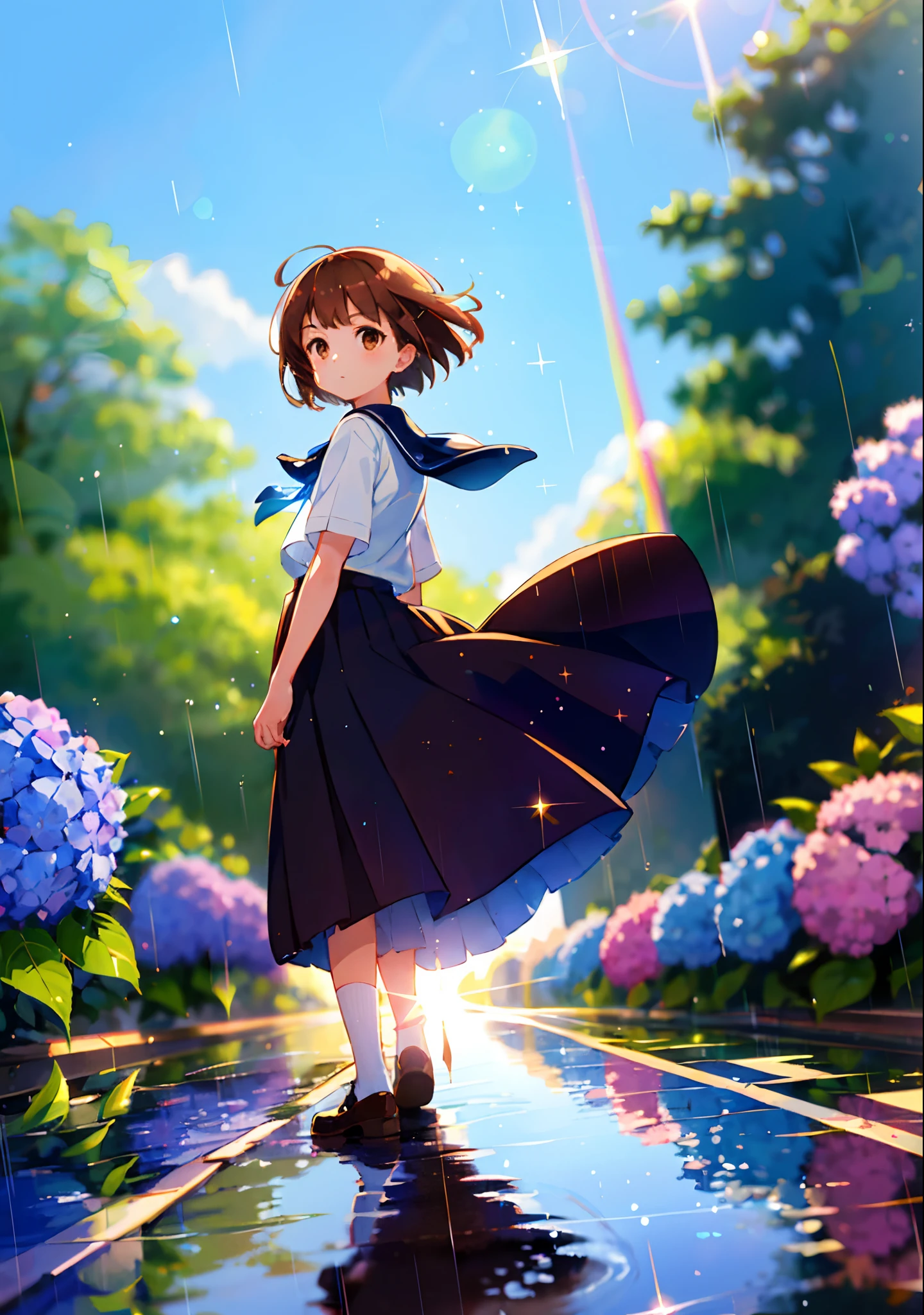 (solo), cute little (1girl) walking,path,[from below:1.2],brown hair,sine short hair,brown eyes,puddle,Water Reflection,rain,floating water drop,hydrangea,(blurry foreground),dynamic angle,asphalt,(blue sky),lens flare,school uniform,(glitter:1.2)