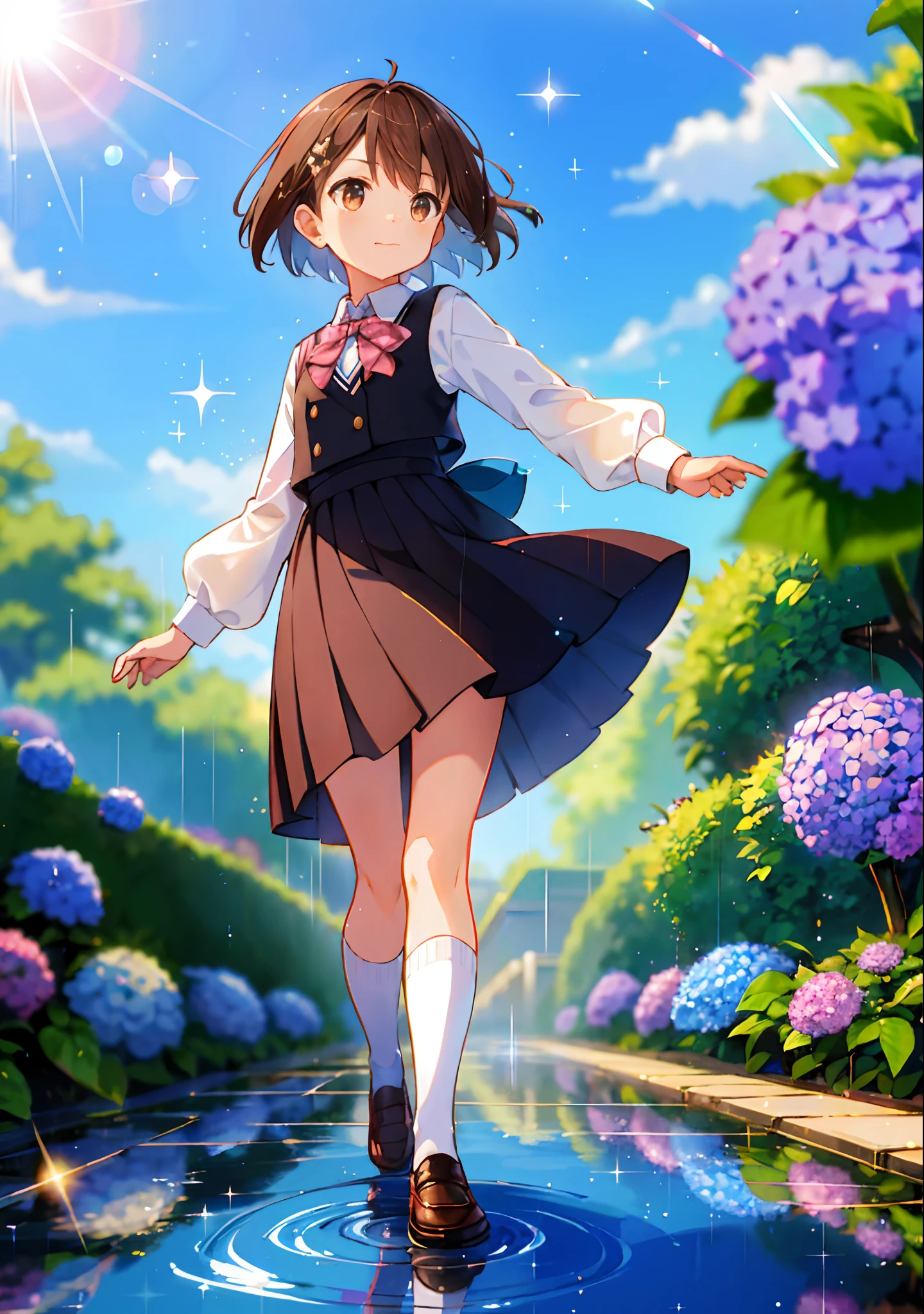 (solo), cute little (1girl) walking,path,[from below:1.2],brown hair,sine short hair,brown eyes,puddle,Water Reflection,rain,floating water drop,hydrangea,(blurry foreground),dynamic angle,asphalt,(blue sky),lens flare,school uniform,(glitter:1.2)