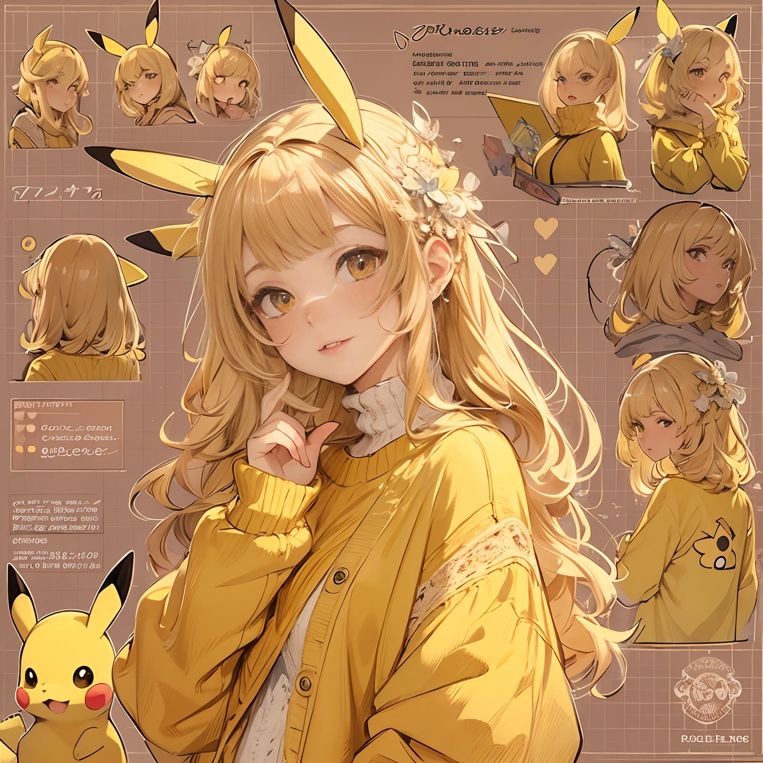 ((Masterpiece, Highest quality)), Detailed face, CharacterDesignSheet，full bodyesbian, perfectly proportions，Full of details, Multiple poses and expressions, Highly detailed, Depth, beuaty girl，Sweaters，Lace，lacepantyhose, High Balance, suns，Natural light，amarelo，Pikachu decoration