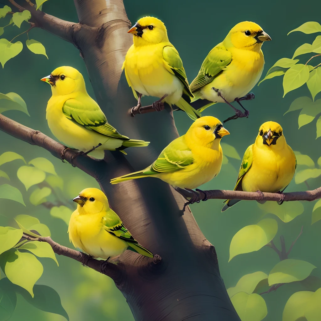 Many yellow canaries hanging from branches of a medium-sized tree. The green tree sits in a backyard and gets a lot of yellow dots