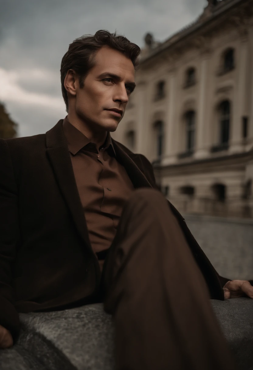 corps entier, wide-angle photo close-up portrait of the body of a handsome man , Grand et en forme, (40 ans:1.1), (shaven:1.2) , (very short brown hair:1.5),(very short hair:1.6). Dark brown tight velvet suit, (La veste a des motifs de fleurs noires:1.2). (posing outside the mansion with a luxury car:1.1), crowded street with cafes in the distance, Cold and dark sunset at dusk, (Edge Light:1.1),(Concentrez-vous sur les yeux), (angry look), (hard light on the skin:1.2), (ombres dures, dark themed, Contraste profond:1.1), (photographie de portrait par Annie Liebovitz), Dark mint theme and choral aesthetics, (skin imperfections)