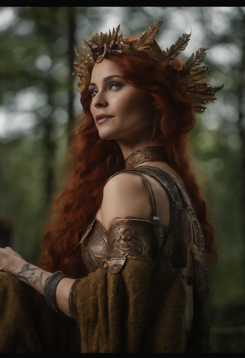 A woman in a gold dress standing in a forest, red-haired goddess, forest goddess, elfic priestess, fantasy woman, beautiful forest elf, a stunning portrait of a goddess, very beautiful elven top model, druid goddess, Norse goddess, maiden with copper hair, beautiful female druid, queen of the forest, gorgeous goddess