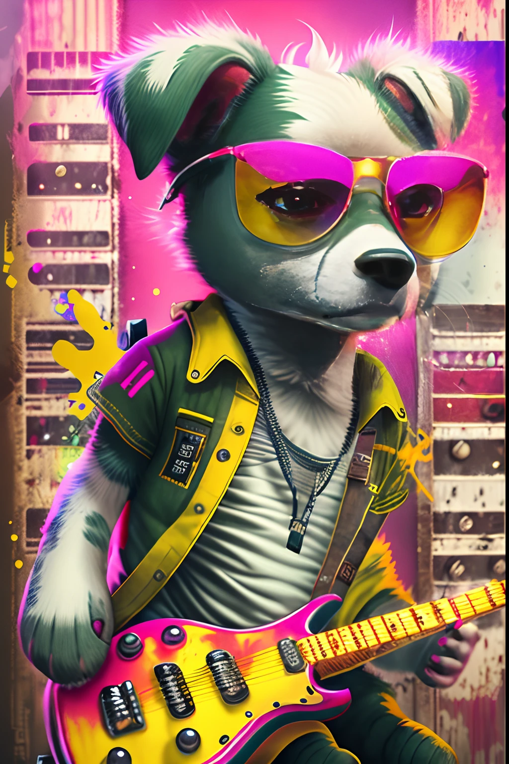 Rock puppy,Wearing sunglasses,holding guitars,Rock music,DJ,Cool stage,Let the rhythm and energy of a particular genre or song inspire your creation. Use bold strokes, splash of color, and dynamic forms,Transform the essence of music into a canvas. Cadmium yellow experiment, Magenta, The titanium white tone evokes the emotions and feelings that music can evoke, top-quality, single focal, 复杂 (the detail: 1.1) unreal-engine,tmasterpiece, (ultra - detailed),
