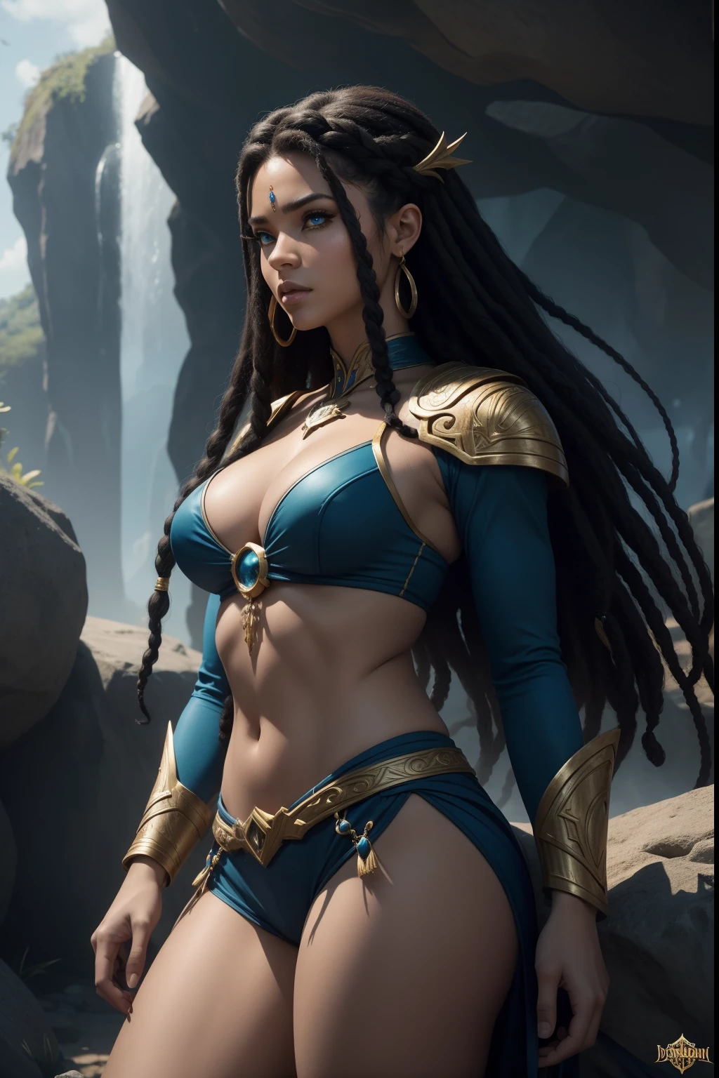 um close up de uma mulher com tinta azul no corpo, Djinn human hybrid, epic 3 d oshun, Tiefling Azul, asian female water elemental, Djinn Azul, epic exquisite character art, Vencedor do concurso Artstation, Vencedor do concurso CGSetline!!, Vencedor do concurso CGSetline!!!, arte do personagem de fantasia, Art Julie Bell Beeple The cast of the upcoming DC Universe film, powerful fantasy epic legends, heroes of might and magic, epic fantasy style, deuses antigos, Rainha e governante do universo, mystical atlantean valkyrie, Trindade, amazing mmorpg, epic real fantasy, Heroes of Power and Magic 3, personagens de fantasia, glorioso, epic fantasy art style HD A woman Moreno, uma mulher bissexual, seios, wear glasses in an office ,imagem de corpo inteiro, cabelo afro caindo para a frente, Rasta type but braided, com belos seios corpo perfeito com , a wide thigh is beautiful a woman, com seios lindos corpo perfeito, uma coxa larga, is beautiful a destination with ,vario expression sexual pose, Erotic masterpiece, alta qualidade, 4k, design bonito |, brilhante, da frente, Foto premiada, Extremamente Detalhada, Awesome, detalhe fino, absurdos, Soubrette, uma mulher posando para uma foto, usando uma roupa Soubrette, babados, redes de peixe, fitas, top aberto, sem saia Uma mulher Moreno, de cabelo afro cabelo caindo para frente, Rasta type but braided, com belos seios corpo perfeito com , a wide thigh is beautiful a woman, com seios lindos corpo perfeito, uma coxa larga, is beautiful a destination with ,vario expression sexual pose, Erotic (estilo de arte de quadrinhos), (ArtStation art style novel committee), whole body view, plano completo, vista frontal, vista traseira, design de personagem, ficha de personagem, roupa casual, academia escura, pele escura, tight black compression shirt , camisa de basquete pendurada no quadril, shorts de basquete cinza soltos na altura da coxa, mulheres maduras, dreads pretos curtos, Cabe