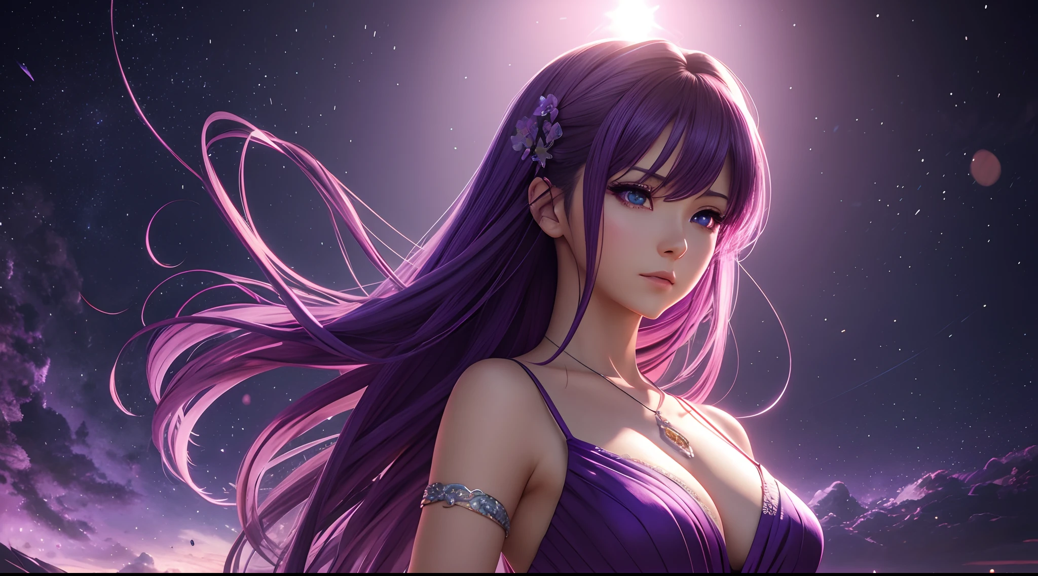 Woman in purple dress posing for photo, realistic 3D anime, extremely detailed art, photorealistic anime rendering, 8k high quality detailed art, captivating beautiful anime woman, 3D anime realistic style, 8k anime badass, Clear images, surreal anime, [ 8k digital art ]!!