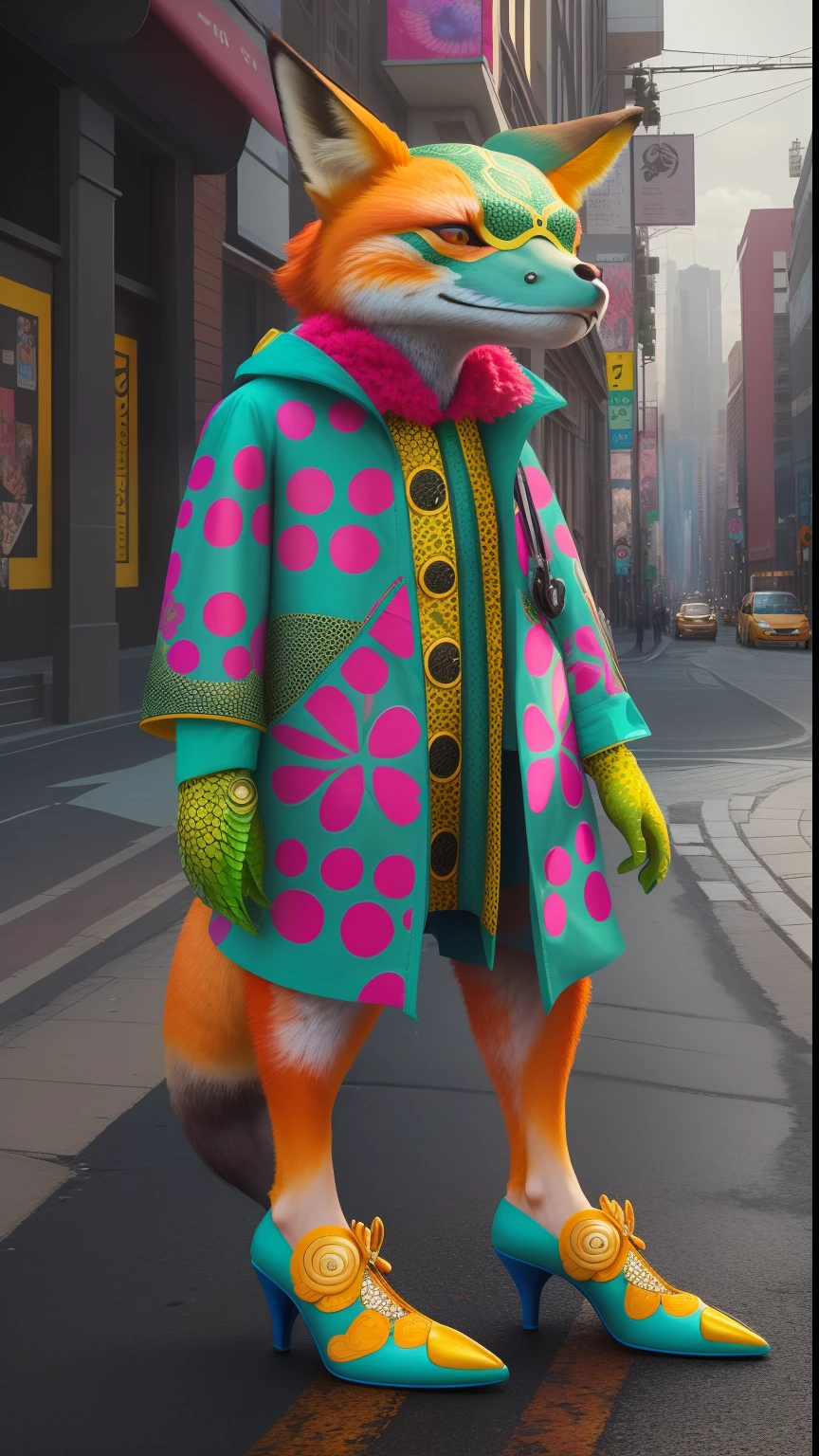 (1 beautiful fox ((anthropomorphic turtle,)) Colorful fashion heels),Stand in the middle of an empty city, (((full bodyesbian))), concept-art, trending on artstationh, Hyperrealistic, Vivid colors, rim-light, Extremely detailed Cg Unity 8K wallpaper, trending on artstationh, Yayoi Kusama's pop art style, Intricate, High detail
