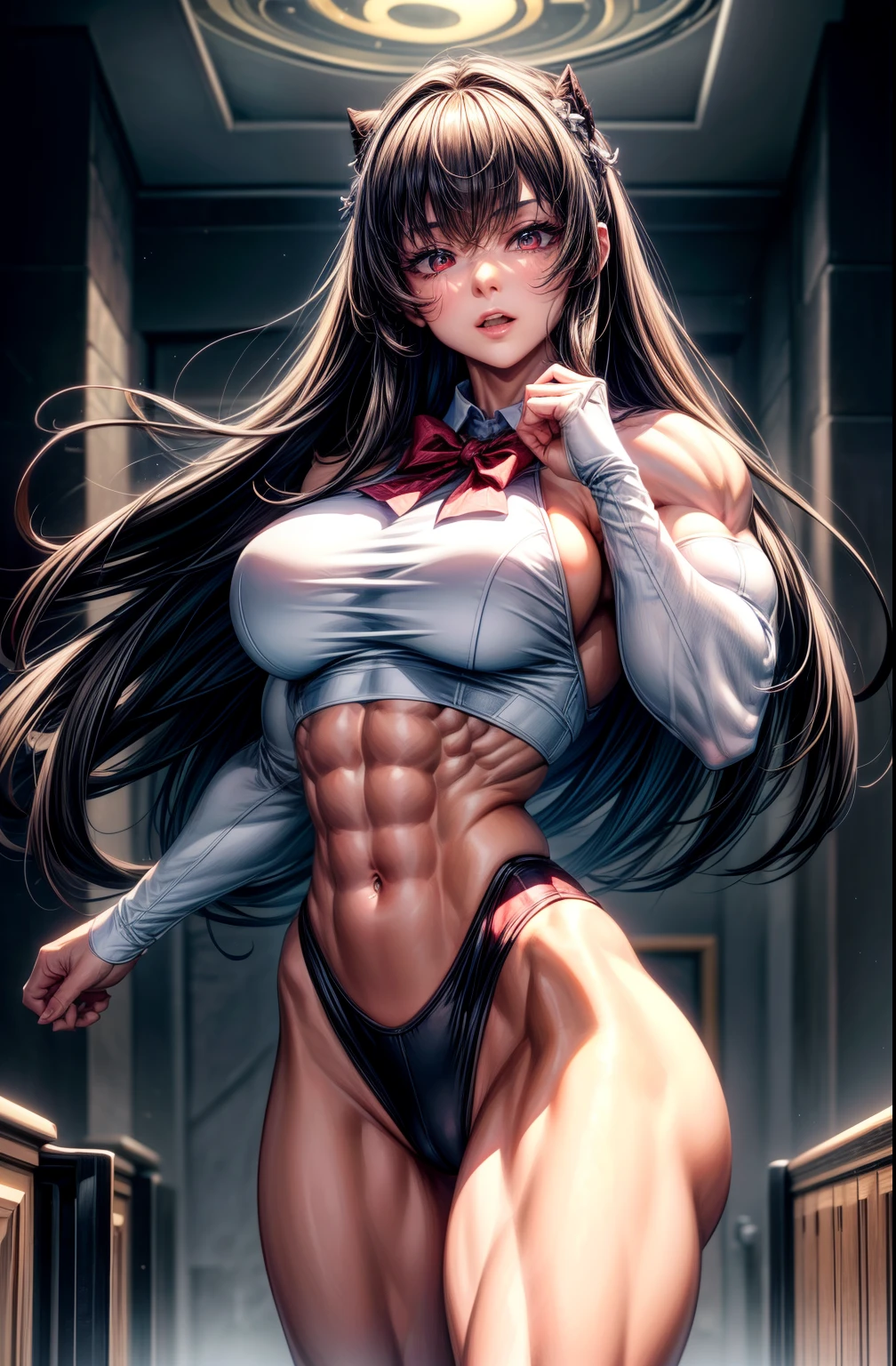 (BEST lighting) , (ultra intricately detailed) , 4K unification, (super-detailed CG: 1.2) , (8K: 1.2),(Original), (Masterpiece) , (Best quality),(Masterpiece:1.4),Anime-ish high quality,(Masterpiece),Masterpiece, Super clear picture quality，Clearer than movies，（Fine face）Best quality, absurderes,((masterpeace, 4K, 8K, Yes, A high resolution))1girll, schoolgirls，Out of sorts，The eyes are fierce，Red pupils，It was dark，dark stormy clouds，outside，blood stain，There is blood on the body，Black school uniform，white bowties，Bow knot，Ten strong abs，Perfect body proportions，standing on your feet,Exposing the abdomen， White costume,There are bulges of dense veins on the arms，Spring, Sports boots, Perfect figure, Anxious long white and black hair, Dynamic pose,Legs exposed，Strong leg muscles ((body builder:1.5))废墟(Beautiful bace),(Girl),(Female),(((Upper body:1)))