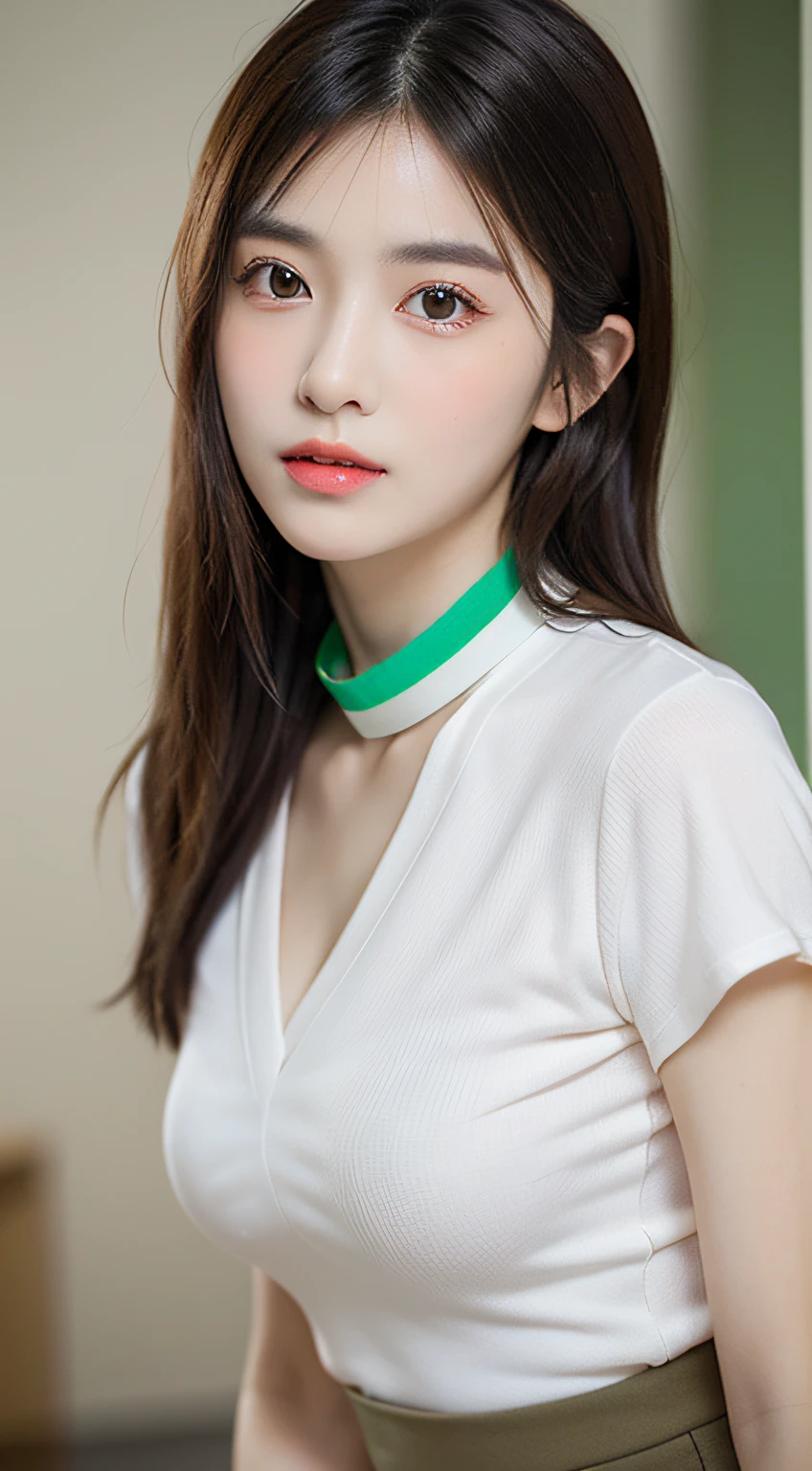 (Best Quality, 8K, masutepiece, Ultra HD: 1.3), 1girl in, small tits ,light brown hair, Blunt bangs, hair behind ear, hair over shoulder, Long hair, slender body shape, Ultra Fine Face, Delicate lips, Beautiful eyes, Double eyelids, lipsticks, thin blush ,Green eyes ,perfect glossy skin,flawless skin,fair white skin,perspiring,A gaze that invites you, Chest,Ultra-thin hands, Ultra-fine fingers, shirt with collar, tight skirts , beauty legs ,pumps. s Office