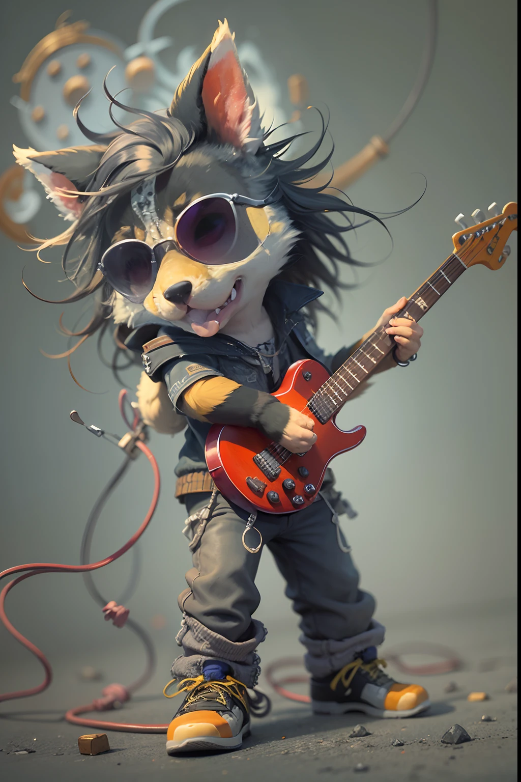 Rock puppy，Wearing sunglasses，holding guitars，Rock music，DJ，Cool stage，Let the rhythm and energy of a particular genre or song inspire your creation. Use bold strokes, splash of color, and dynamic forms，Transform the essence of music into a canvas. Cadmium yellow experiment, Magenta, The titanium white tone evokes the emotions and feelings that music can evoke, top-quality， single focal， 复杂 （the detail： 1.1） unreal-engine，tmasterpiece， （ultra - detailed），