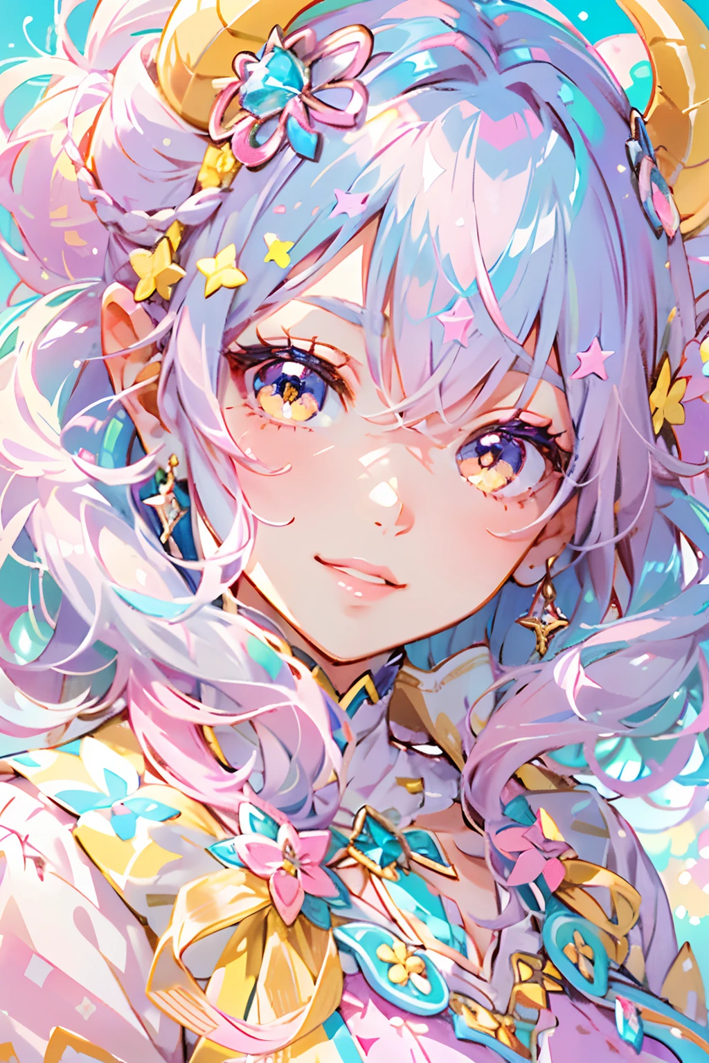 rainbow eyes,beautiful as a fairy,A melancholy expression that stirs affection,side face,floating hair,light particles,glare,vivid,fancy,dreamlike,a dim atomshpere, kawaii, cute, adorable woman with pink, yellow, and baby blue color scheme. She is dressed in sky-themed clothes made out of clouds and sky motifs. Her outfit is fluffy and soft, with decora accessories like hairclips. She embodies the vibrant and trendy Harajuku fashion style." horns, demon wings, big boobs,big ass, big lips, juicy lips, huge hair, smile, short hair with buns, yellow eyes