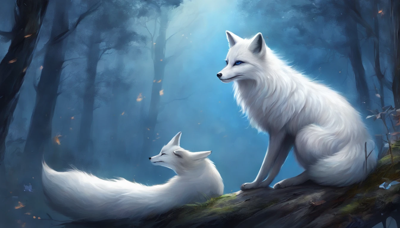 (Next to the anime girl with white fur fox ears before the full moon is a huge white nine-tailed fox:1.5), fantasy fox love, White-haired fox, white fox anime, Anime fantasy illustration,(dark forest background，Blue transparent smoke surrounds:1.8), art of silverfox,Best quality, Masterpiece, 超高分辨率, (photograph realistic:1.4), ultra-realistic realism, Dream-like,fusionart, Shadowdancer, shadow magic, Darkness, stealth, shadowstep, umbral spells,