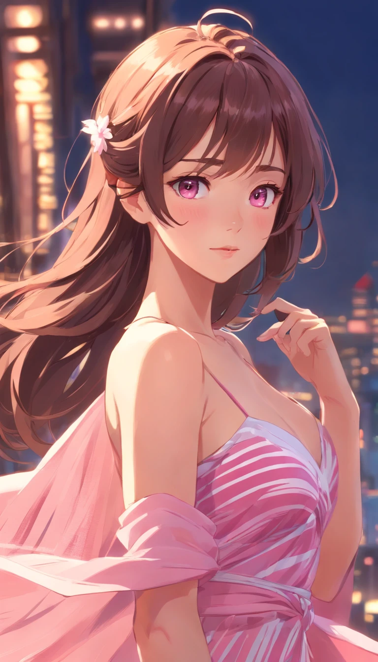 Close-up of a Caucasian woman in a pink striped dress，posed for photo, Women have very beautiful eyes, Wavy brown hair, She wears earrings, Digital art in digital painting, Elegant and elegant, Strapless dress, The art in the style of Guvez, Lored dressing, Dressed in elegant dresses, shy and demure, soft digital painting, Povoort Art Style, detailed dress and face, Art germ. High detail ,anime big breast