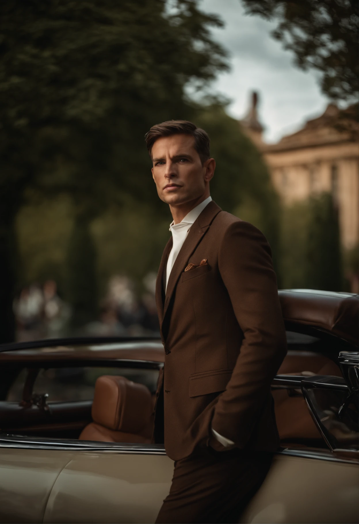 corps entier, wide-angle photo close-up portrait of the body of a handsome man , Grand et en forme, (40 ans:1.1), (shaven:1.2) , (very short brown hair:1.5),(very short hair:1.6). Dark brown tight velvet suit, (La veste a des motifs de fleurs noires:1.2). (posing outside the mansion with a luxury car:1.1), crowded street with cafes in the distance, Cold and dark sunset at dusk, (Edge Light:1.1),(Concentrez-vous sur les yeux), (angry look), (hard light on the skin:1.2), (ombres dures, dark themed, Contraste profond:1.1), (photographie de portrait par Annie Liebovitz), Dark mint theme and choral aesthetics, (skin imperfections)