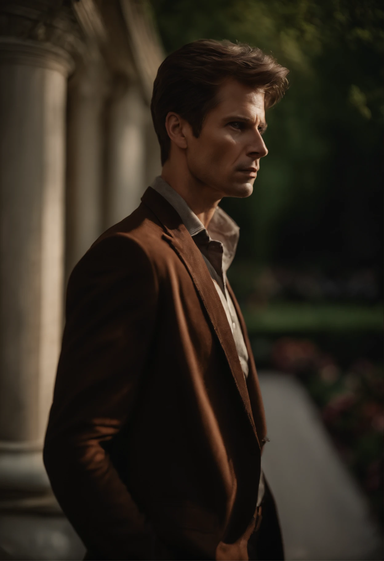 corps entier, wide-angle photo close-up portrait of the body of a handsome man , Grand et en forme, (40 ans:1.1), (shaven:1.2) , (very short brown hair:1.5),(very short hair:1.6). Dark brown tight velvet suit, (La veste a des motifs de fleurs noires:1.2). (posing outside the mansion with a luxury car:1.1), crowded street with cafes in the distance, Cold and dark sunset at dusk, (Edge Light:1.1),(Concentrez-vous sur les yeux), (angry look), (hard light on the skin:1.2), (ombres dures, dark themed, Contraste profond:1.1), (photographie de portrait par Annie Liebovitz), Dark mint theme and choral aesthetics, (skin imperfections)