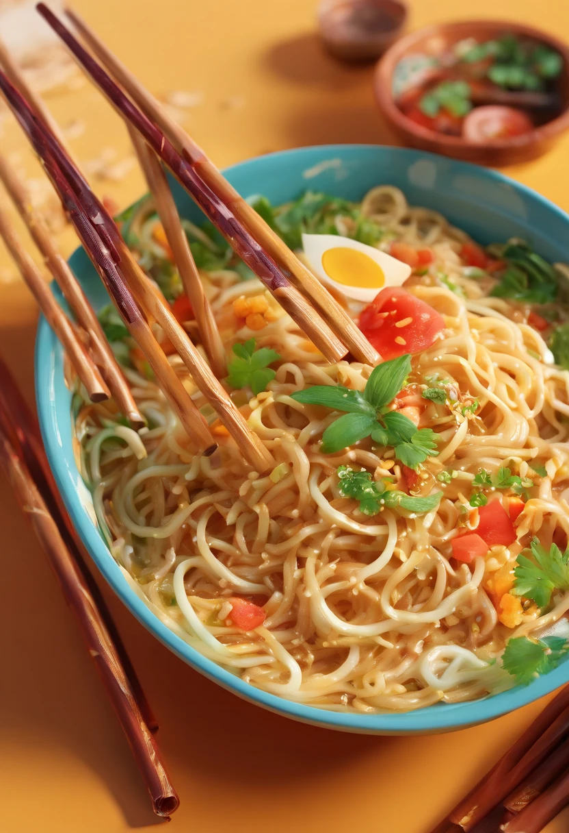 Arabic noodles opened from a bowl with chopsticks, Noodles, super realistic food picture, Amazing food photography, high quality food photography, Amazing food illustration, food advertisement, 4k polymer clay food photography, culinary art photography, 4K food photography, Ramen, 4 k food photography