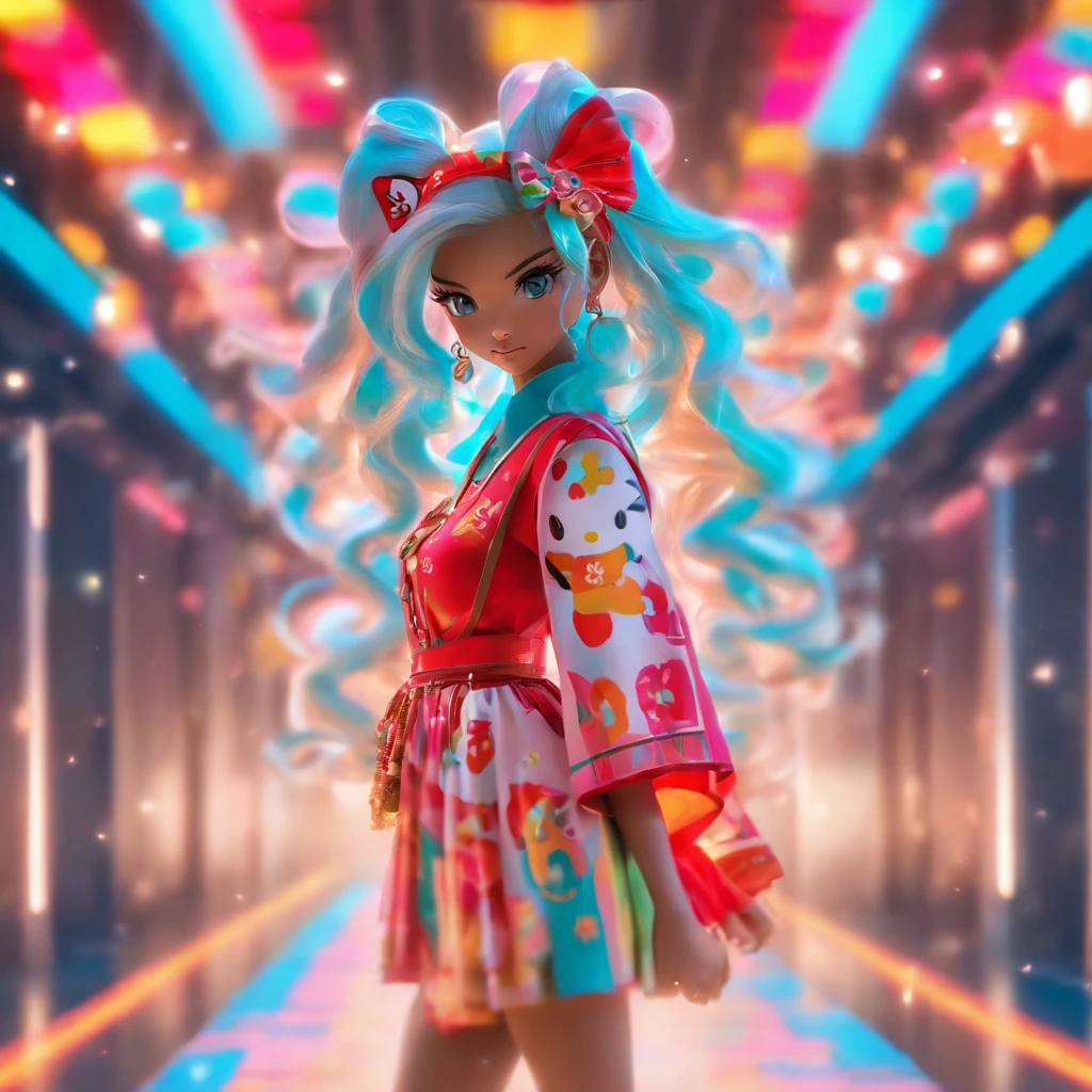 a woman walking down a runway wearing a colorful dress, full body，hello kitty with gucci crossover catwalk, wearing light academia outfit ,femme, modern maximalist fashion , floral couture, inspired by gucci,colorful rich fantasy clothing, floral dream, 2023 fashion design.,8k，Canon RF 85mm f/1.2L，Eye-level Angle， Soft Light",8k, cute,(realistic:1.1), (photorealistic:1.1), (masterpiece:1.1), (best quality:1.1), highres, ,professional photograph,masterpiece, best quality,realistic,,1girls,solo,lighting,long hair,full body, beautiful detailed eyes,(detailed face:1.2),extremely beautiful face,cute, beautiful eyes,