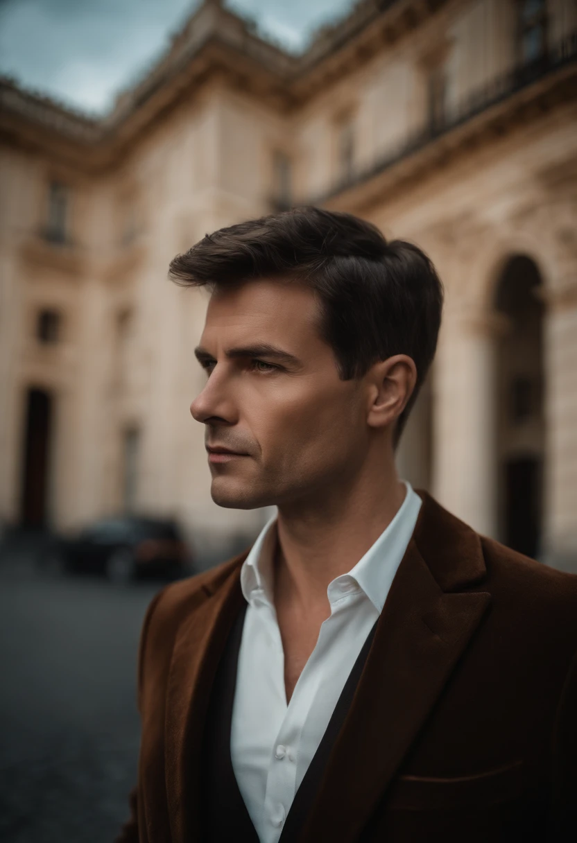 corps entier, wide-angle photo close-up portrait of the body of a handsome man , Grand et en forme, (40 ans:1.1), (shaven:1.2) , (very short brown hair:1.5),(very short hair:1.6). Dark brown tight velvet suit, (La veste a des motifs de fleurs noires:1.2). (posing outside the mansion with a luxury car:1.1), crowded street with cafes in the distance, Cold and dark sunset at dusk, (Edge Light:1.1),(Concentrez-vous sur les yeux), (angry look), (hard light on the skin:1.2), (ombres dures, dark themed, Contraste profond:1.1), (photographie de portrait par Annie Liebovitz), Dark mint theme and choral aesthetics, (skin imperfections)