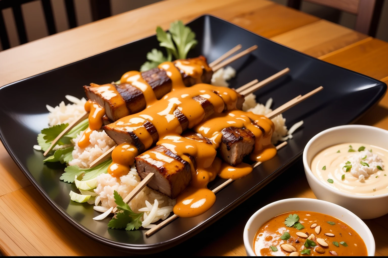 Almond butter chicken satay with Asian slaw, humble chicken thigh is chargrilled and slathered in a creamy, rich satay sauce
