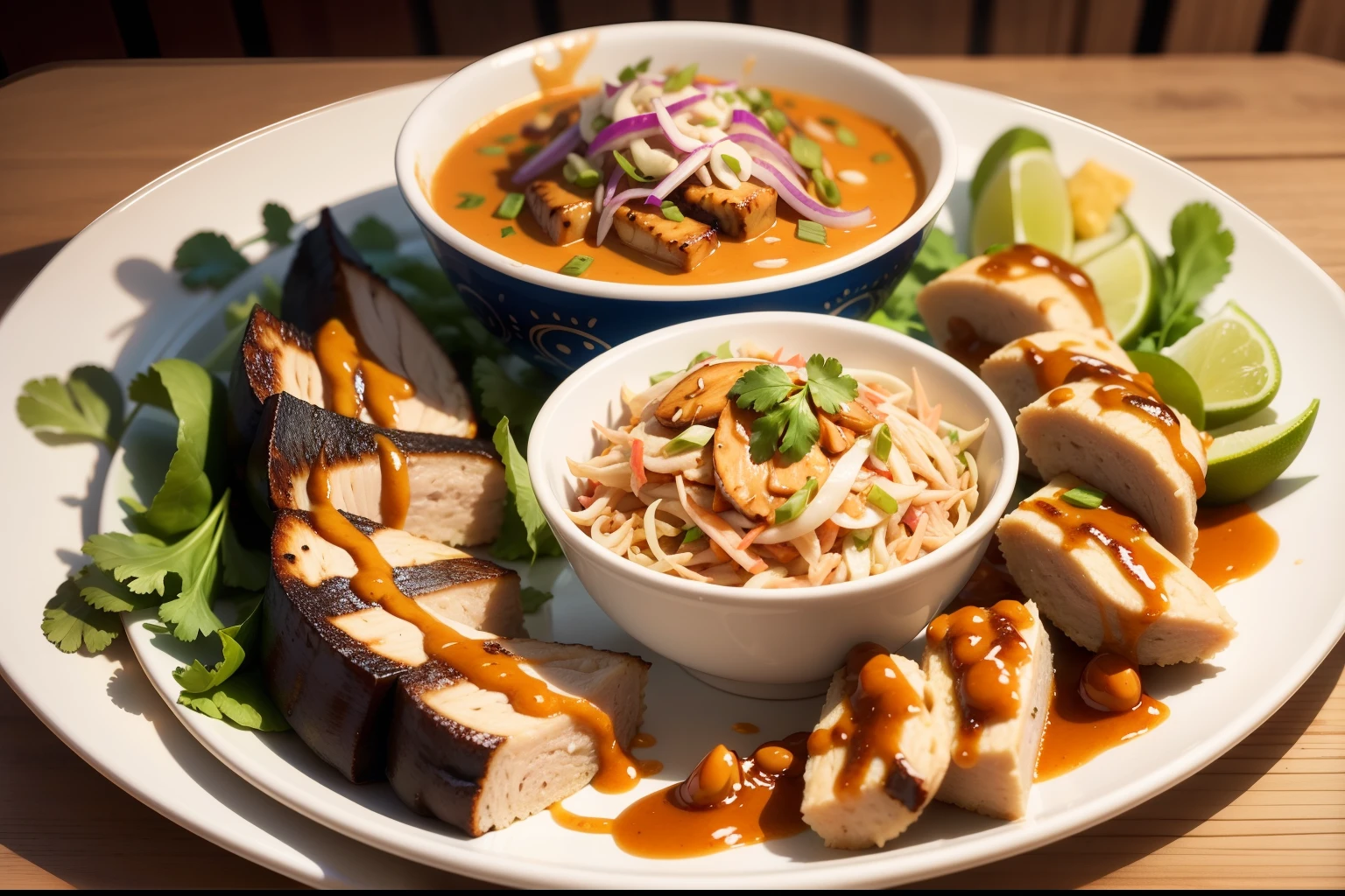 Almond butter chicken satay with Asian slaw, humble chicken thigh is chargrilled and slathered in a creamy, rich satay sauce
