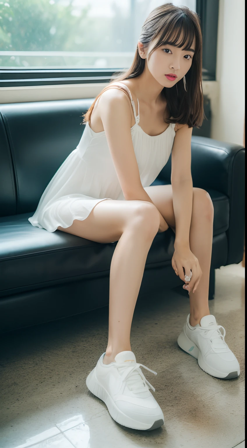 ((Best picture quality, 8K, tmasterpiece:1.3)), 1girll,(white dresses:1.3),(wet see through clothes:1.4),(athletic sneakers:1.3)Erlang legs,sitting in the couch