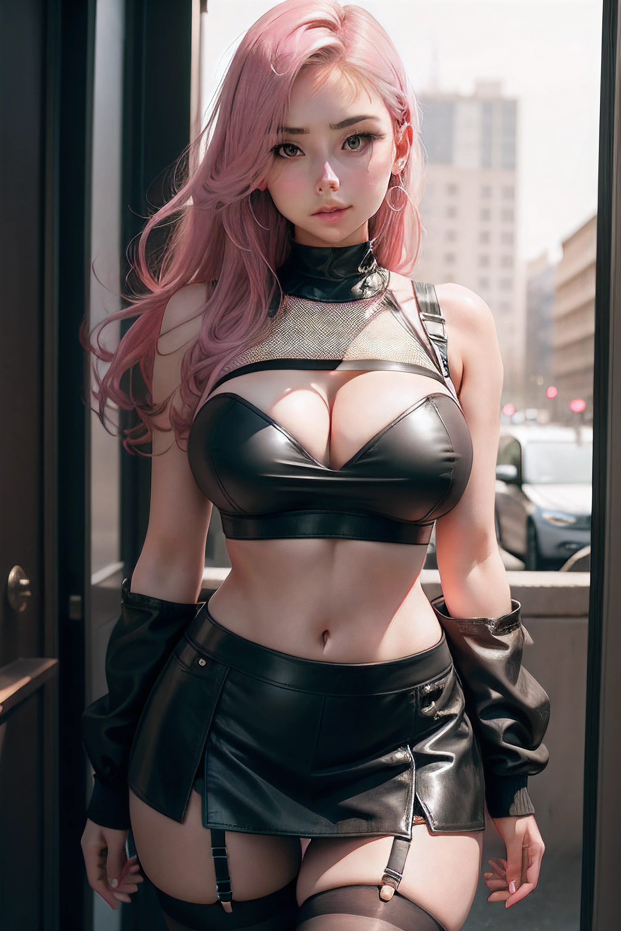 realistic girl with a pink bra, black mesh see through top, big breasts, leather mini skirt and stockings