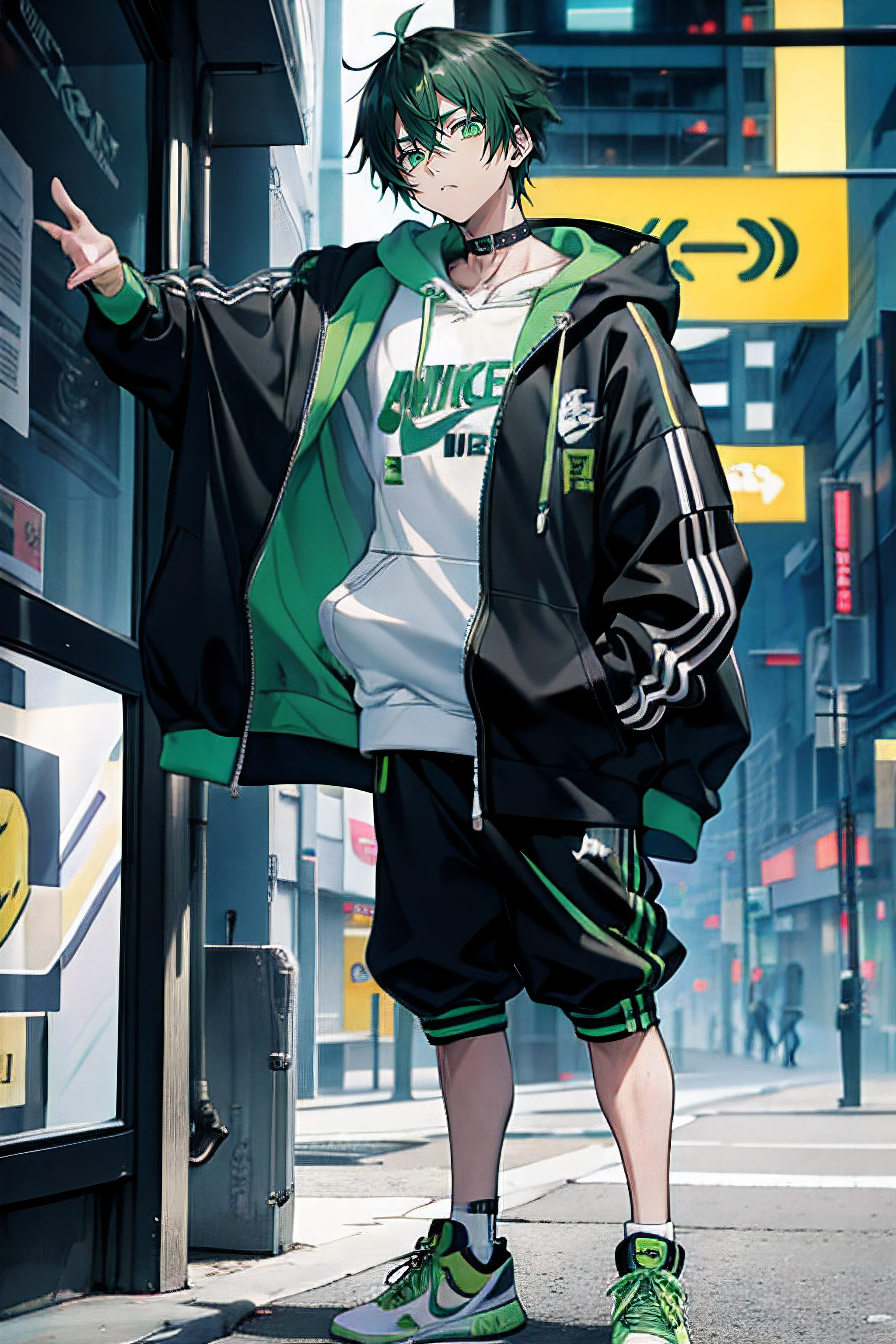 anime style. boy. green black gradation hair color. short. cyberpunk theme. streetwear. pull over hoodie. nike air jordan shoes. stand