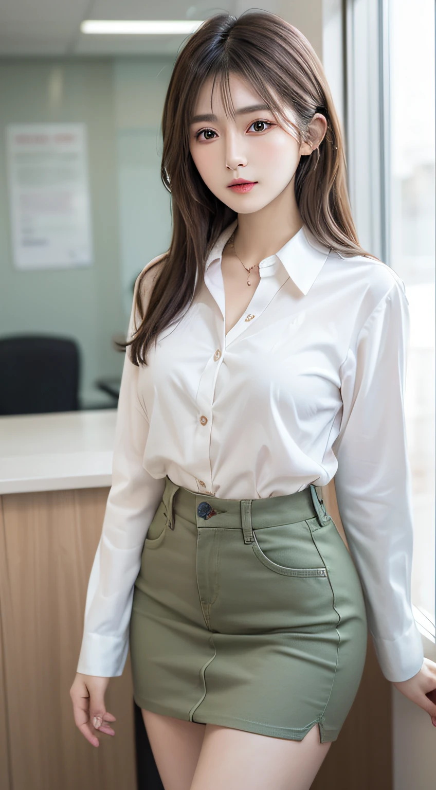 (Best Quality, 8K, masutepiece, Ultra HD: 1.3), 1girl in, small tits ,light brown hair, Blunt bangs, hair behind ear, hair over shoulder, Long hair, slender body shape, Ultra Fine Face, Delicate lips, Beautiful eyes, Double eyelids, lipsticks, thin blush ,Green eyes ,perfect glossy skin,flawless skin,fair white skin,perspiring,A gaze that invites you, Chest,Ultra-thin hands, Ultra-fine fingers, shirt with collar, tight skirts , beauty legs ,pumps. s Office