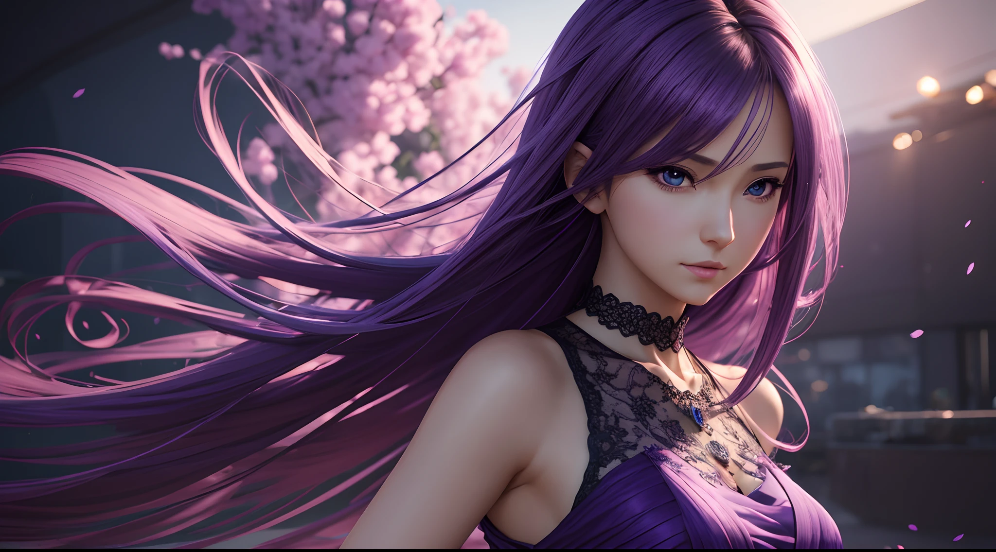 Woman in purple dress posing for photo, realistic 3D anime, extremely detailed art, photorealistic anime rendering, 8k high quality detailed art, captivating beautiful anime woman, 3D anime realistic style, 8k anime badass, Clear images, surreal anime, [ 8k digital art ]!!